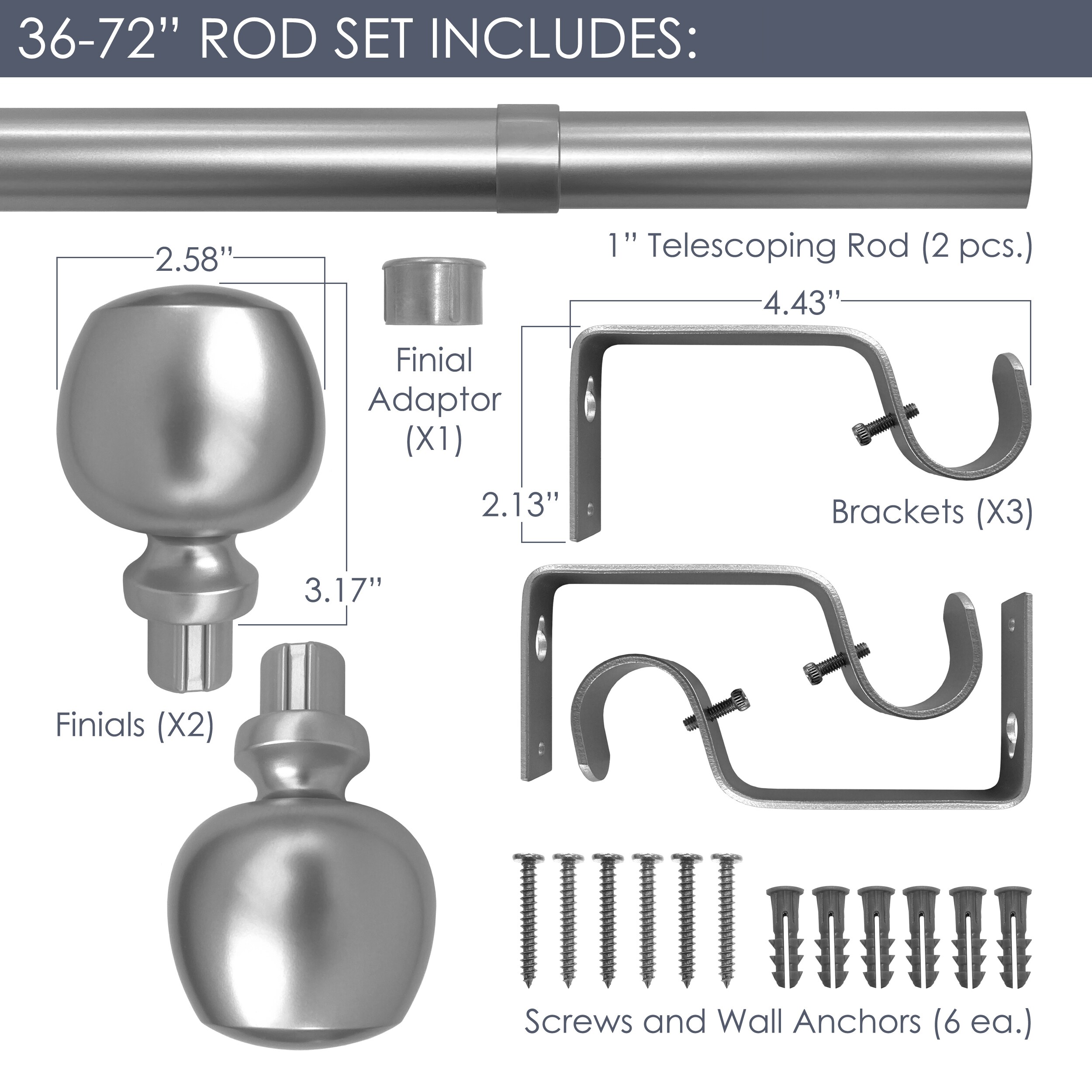 Morena II Black Adjustable Metal Curtain Rod Set, 36-72 Inches