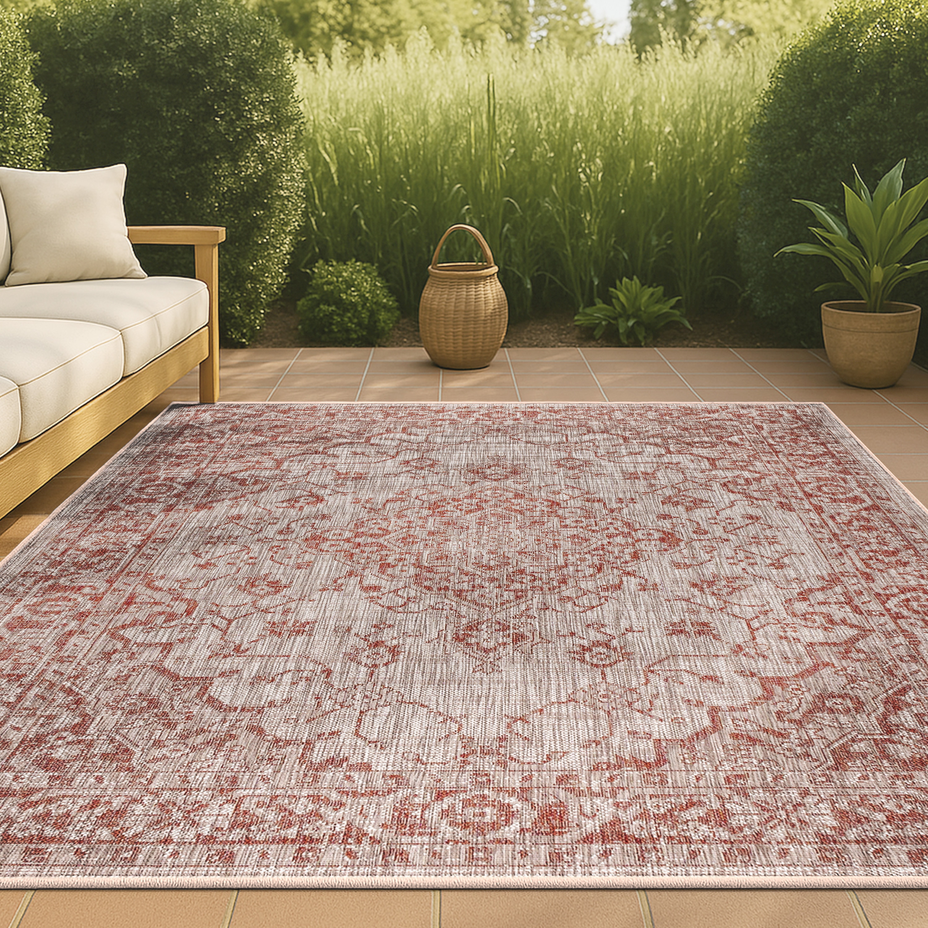 JONATHAN  Y SMB102A-9 Santa Monica Rozetta Boho Textured Weave 9 x 12 (ft) Loomed Polypropylene Red/Taupe Rectangular Indoor/Outdoor Border Coastal Area rug