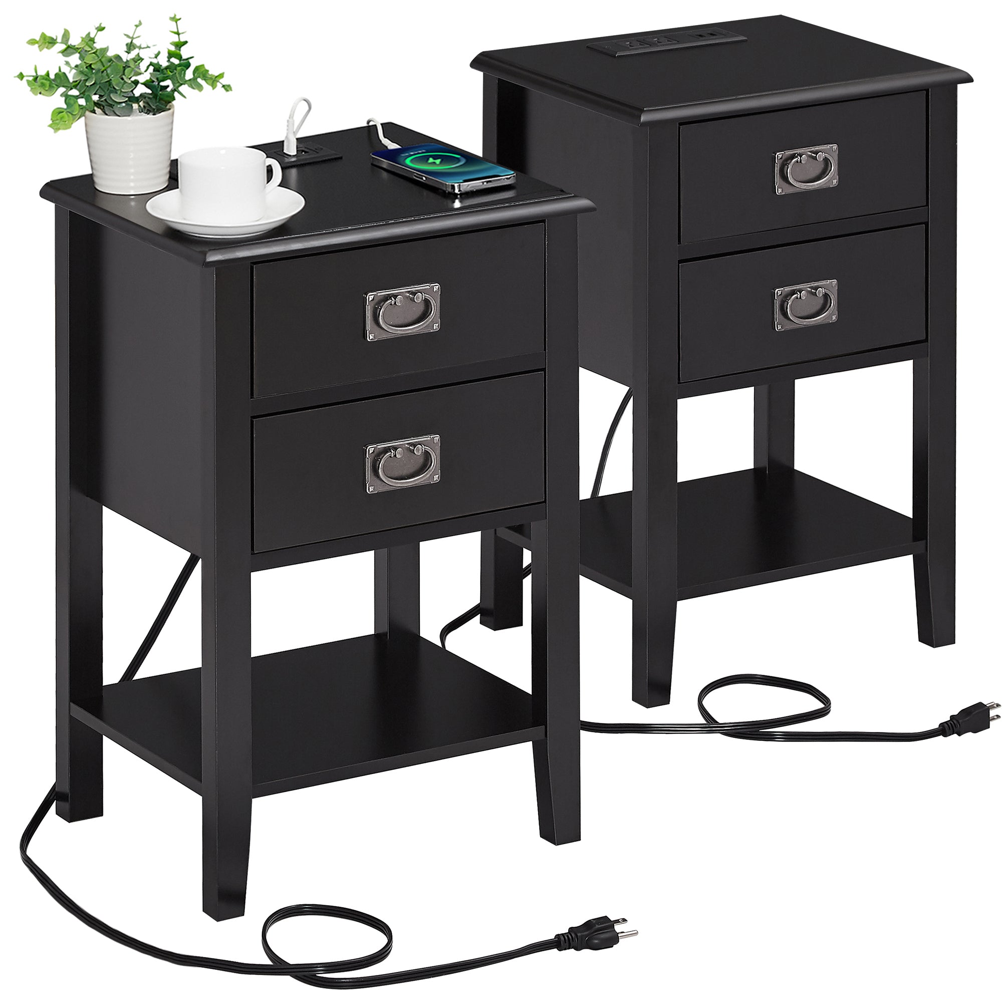 Vecelo LOE-HD-CNS14-BLK-A2 Set of 2 Nightstand with Charging Station End Bedside Table with USB Ports Storage Drawer Open Shelf for Bedroom Living Room Black