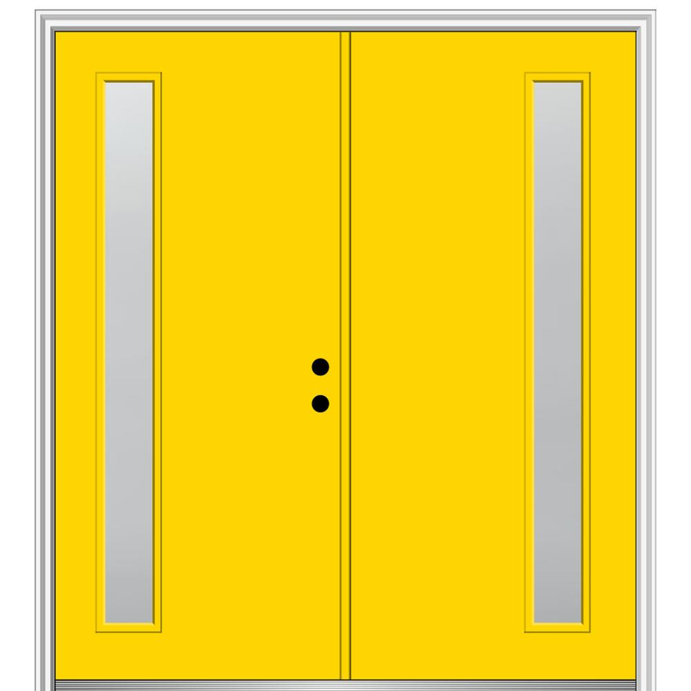 MMI DOOR ZZ349944L Spotlights 64-in x 80-in x 6-9/16-in Fiberglass Pulse lite Left-hand inswing Yellow Flash Painted Prehung Double Front Door with Brickmould Insulating core