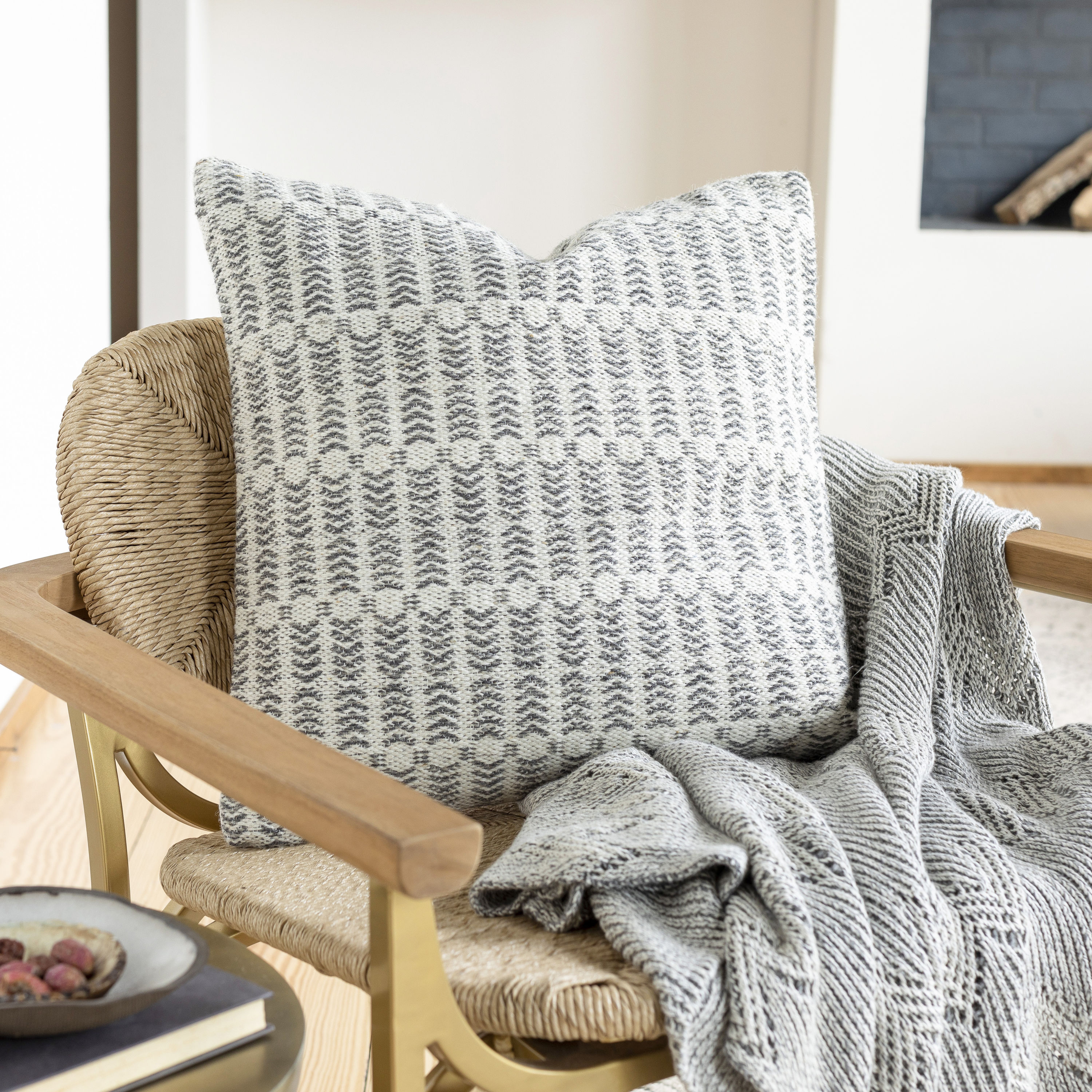 Charcoal and Ivory Geometric Wool Cotton Throw Pillow