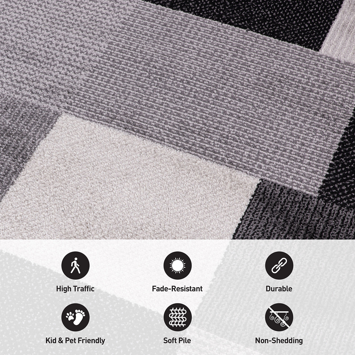 Modern Geometric Black and Gray Synthetic Rectangular Area Rug, 5' x 7'