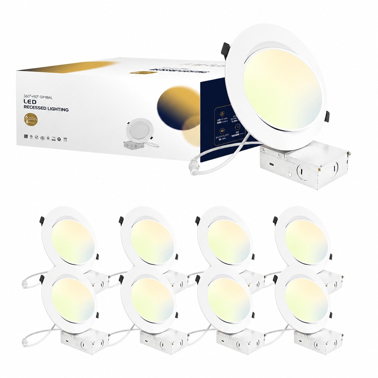 Anqtovp  8 Pack 6 Inch Gimbal LED Recessed Lighting with Junction Box 5CCT 2700K to 6000K Selectable 360 Degree plus 90 Degree Adjustable
