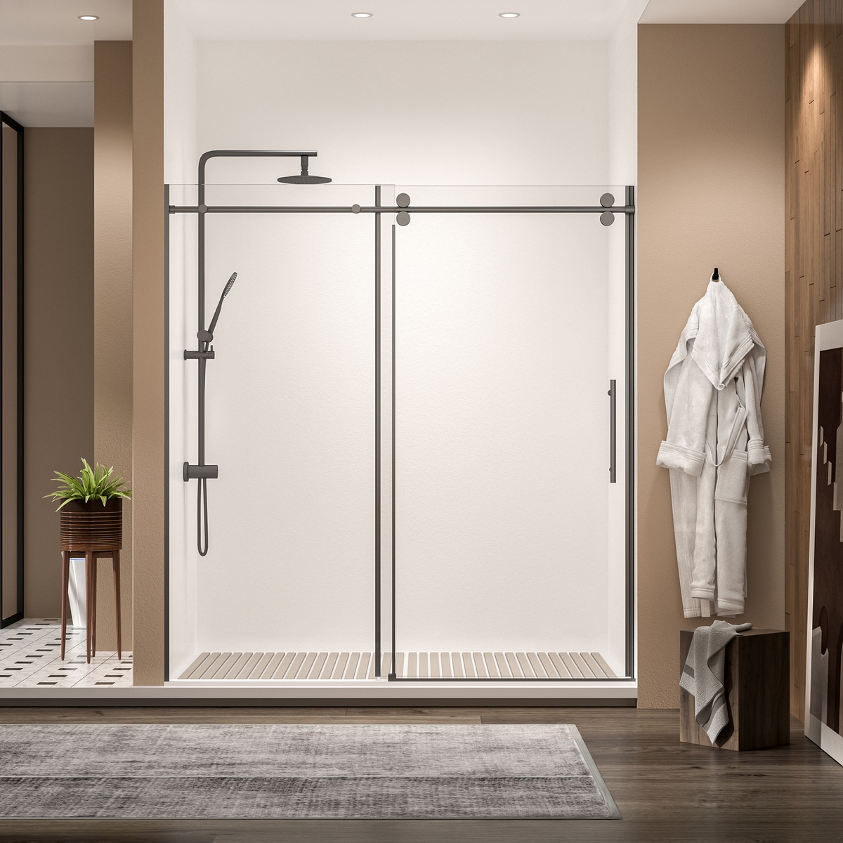 Loheer 68-72-in W x 76-in H Matte Black Frameless Single Sliding Shower Door Clear Glass