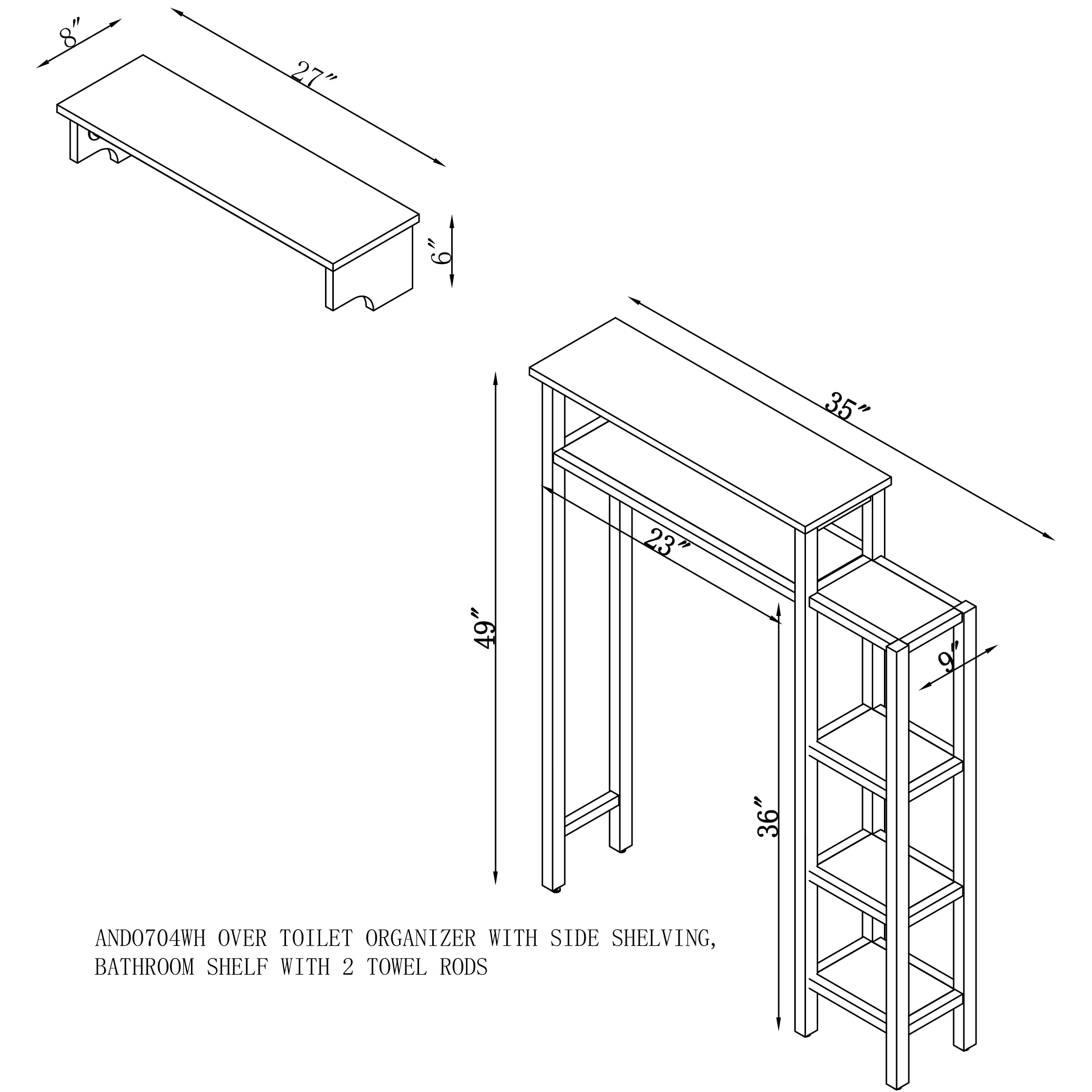 Dover Over Toilet Organizer with Side Shelving, Wall Mounted Bathroom  Storage Cabinet with 2 Doors and Towel Rod