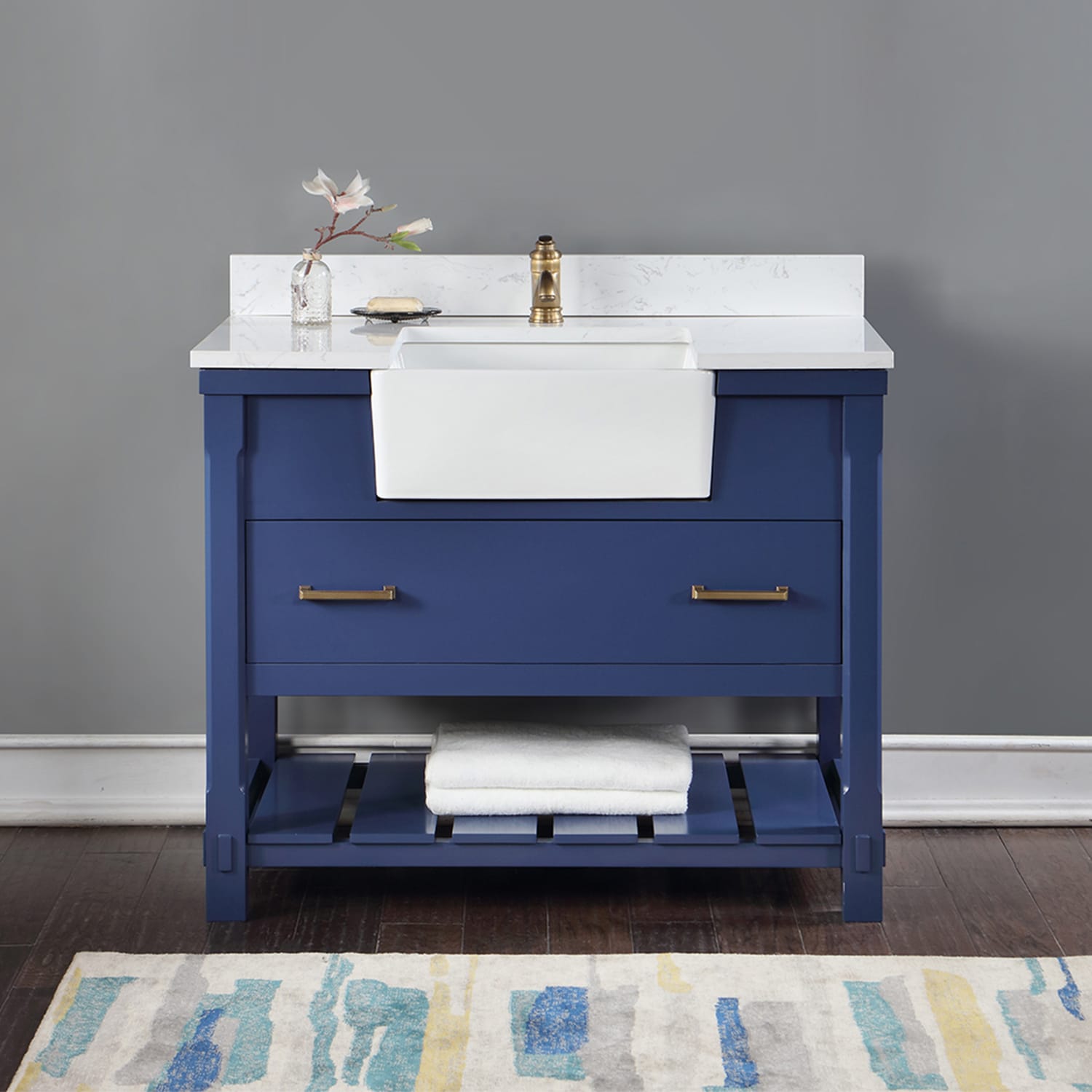 Altair - Georgia 42 Single Bathroom Vanity Set in Jewelry Blue and Composite Carrara White Stone Top with White Farmhouse Basin Without Mirror | 5370