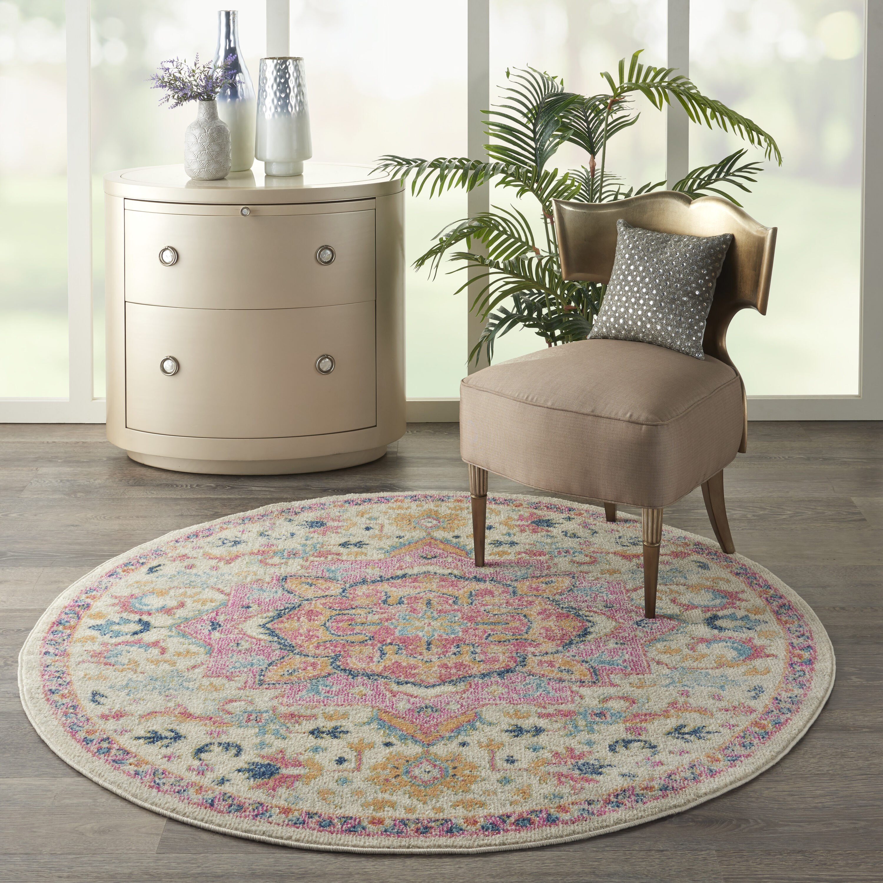 Nourison 99446748195 Passion 4 x 4 (ft) Loomed Polypropylene Ivory/pink Round Indoor Abstract Area rug
