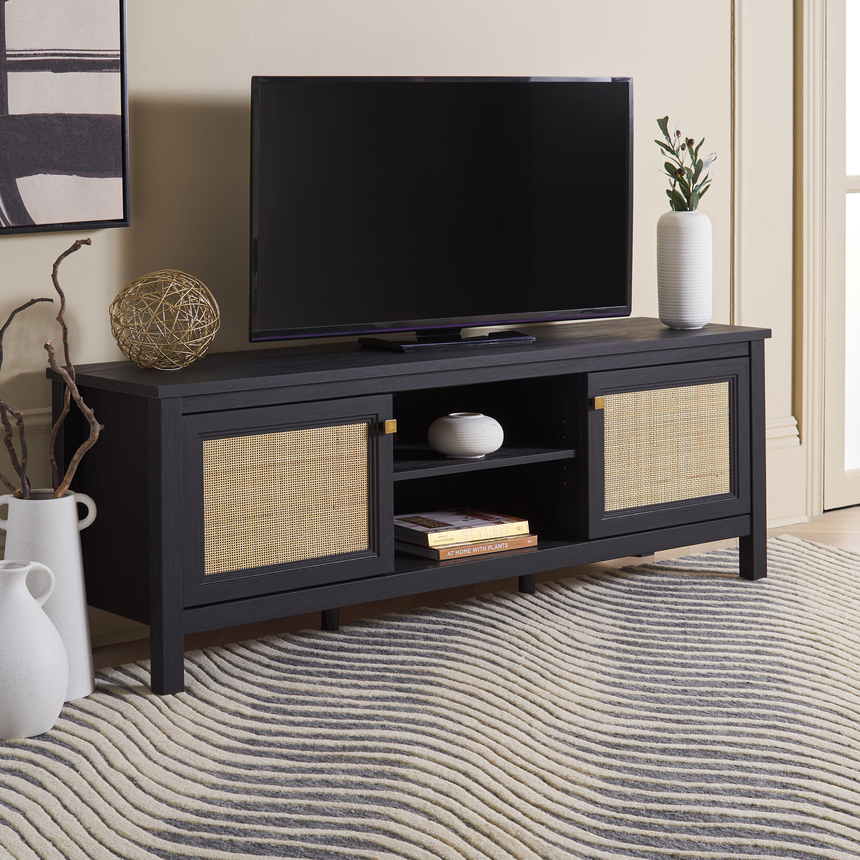 Safavieh Evane Black/Natural Coastal Particleboard Media Cabinet