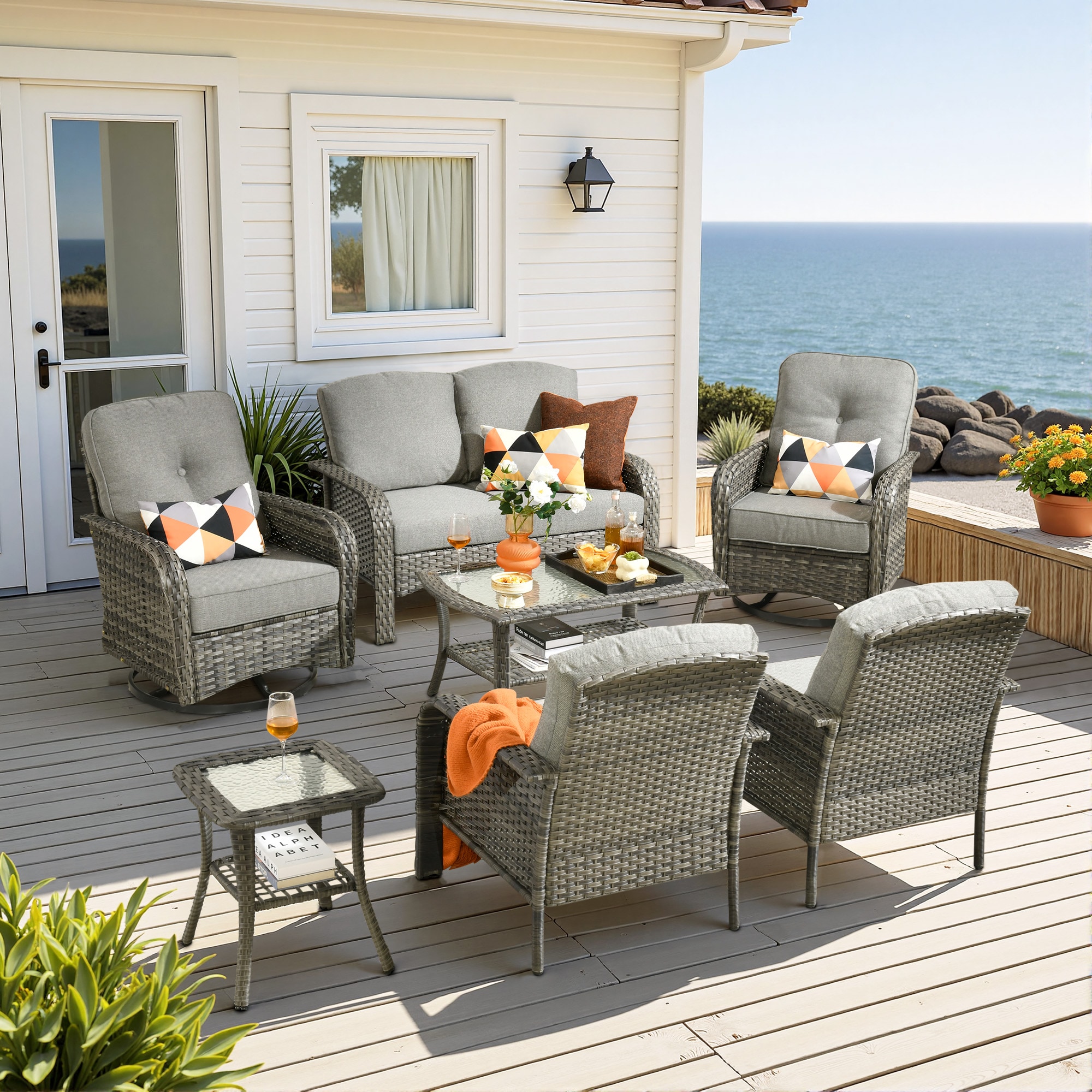Ovios GN207Y 7 -Piece Rattan Patio Conversation Set with Dark Gray Cushions