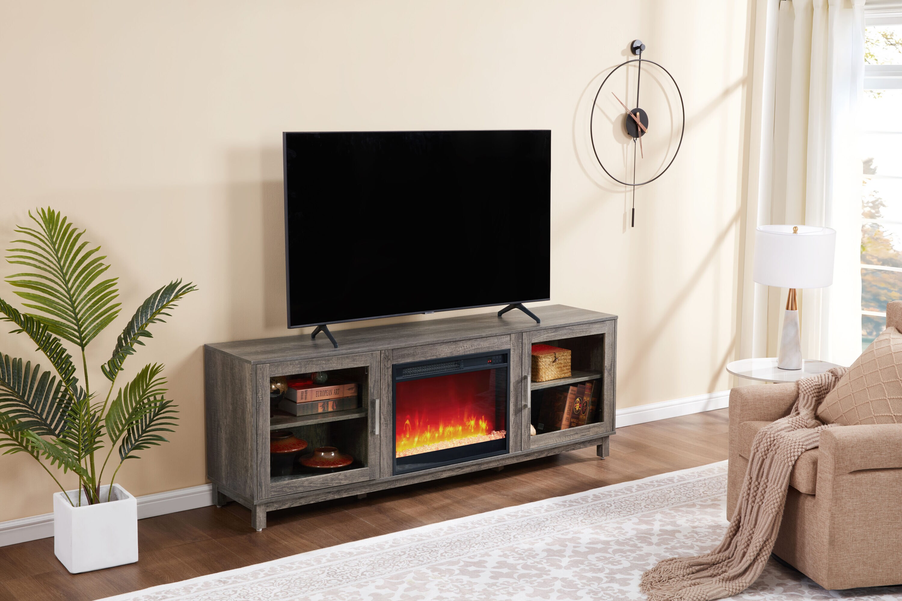 GLANZEND  15.5-in D x 70-in W x 25-in H Gray TV Stand Electric Fireplace Adjustable Flame Storage Cabinets LED Lights Timer Adjustable Thermostat