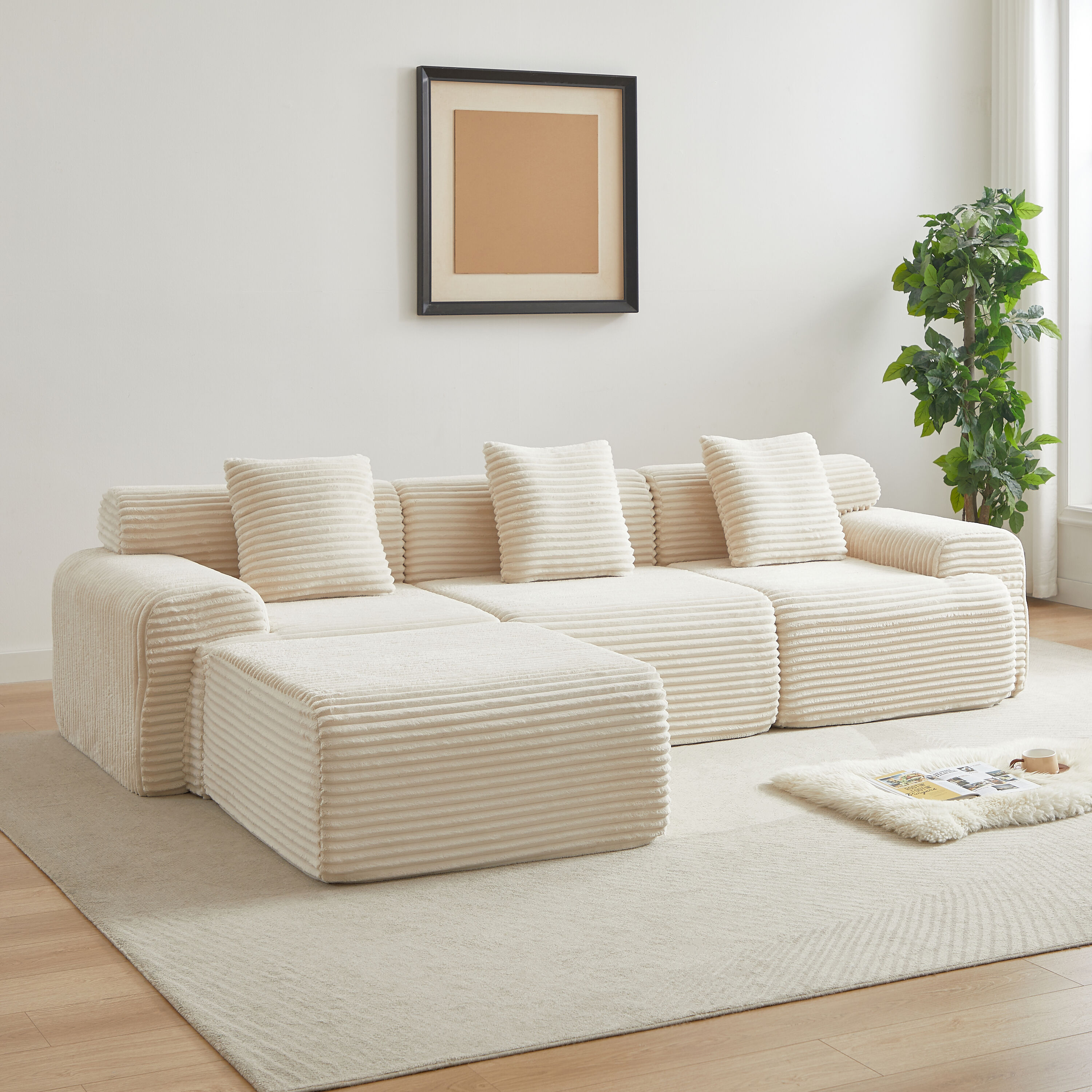 114 inch Corduroy Modular Sofa Boneless couch Featuring an Inlaid Structural Design three throw pillows Wider backrest design and Four Freely Configurable Modules