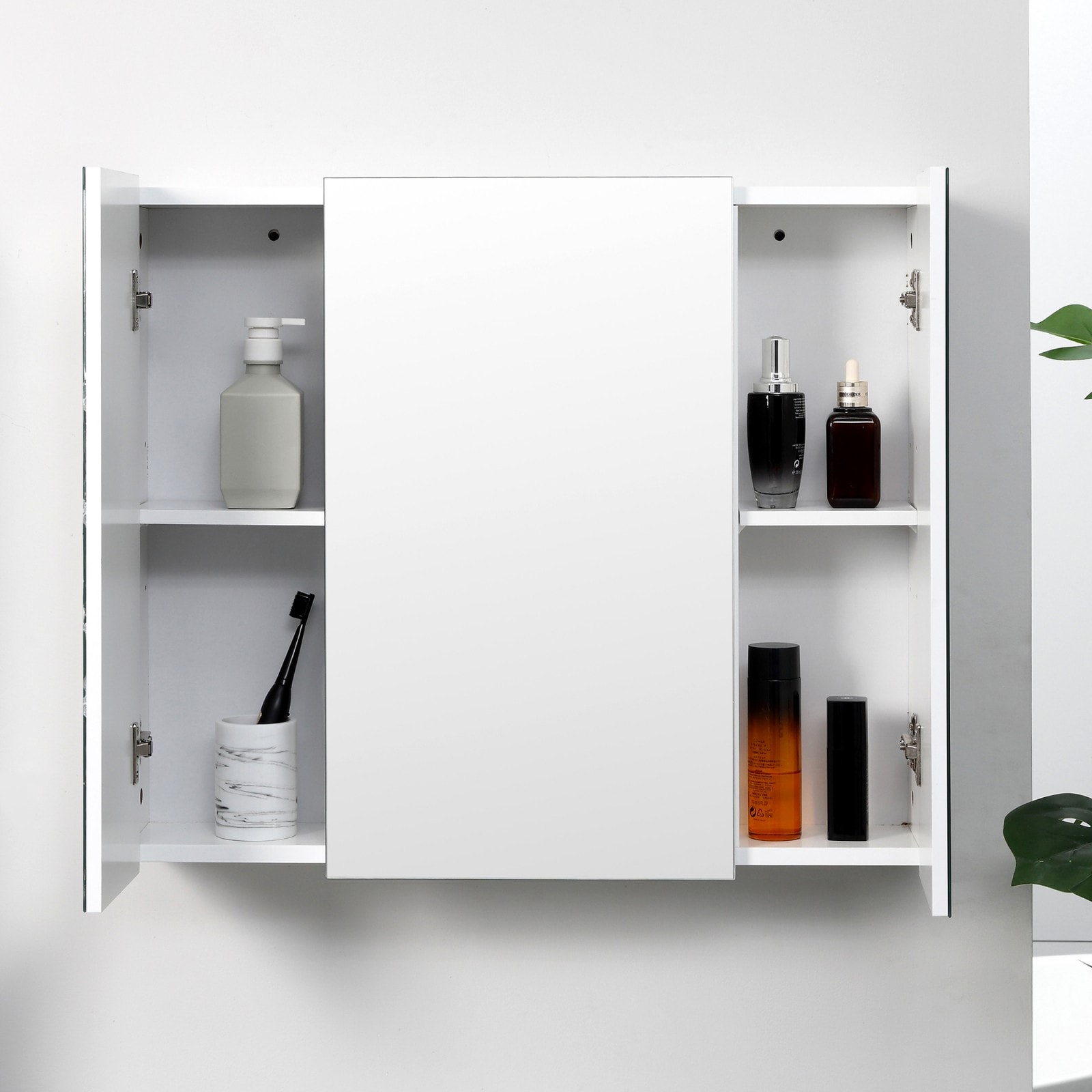 GlasFlength 27.6 Inch Wall Mounted Medicine Cabinet Bathroom Mirror with 3 Mirrored Doors Adjustable Shelves Storage Organizer Space Saving Vanity Cabinet White #LW-BWC-103