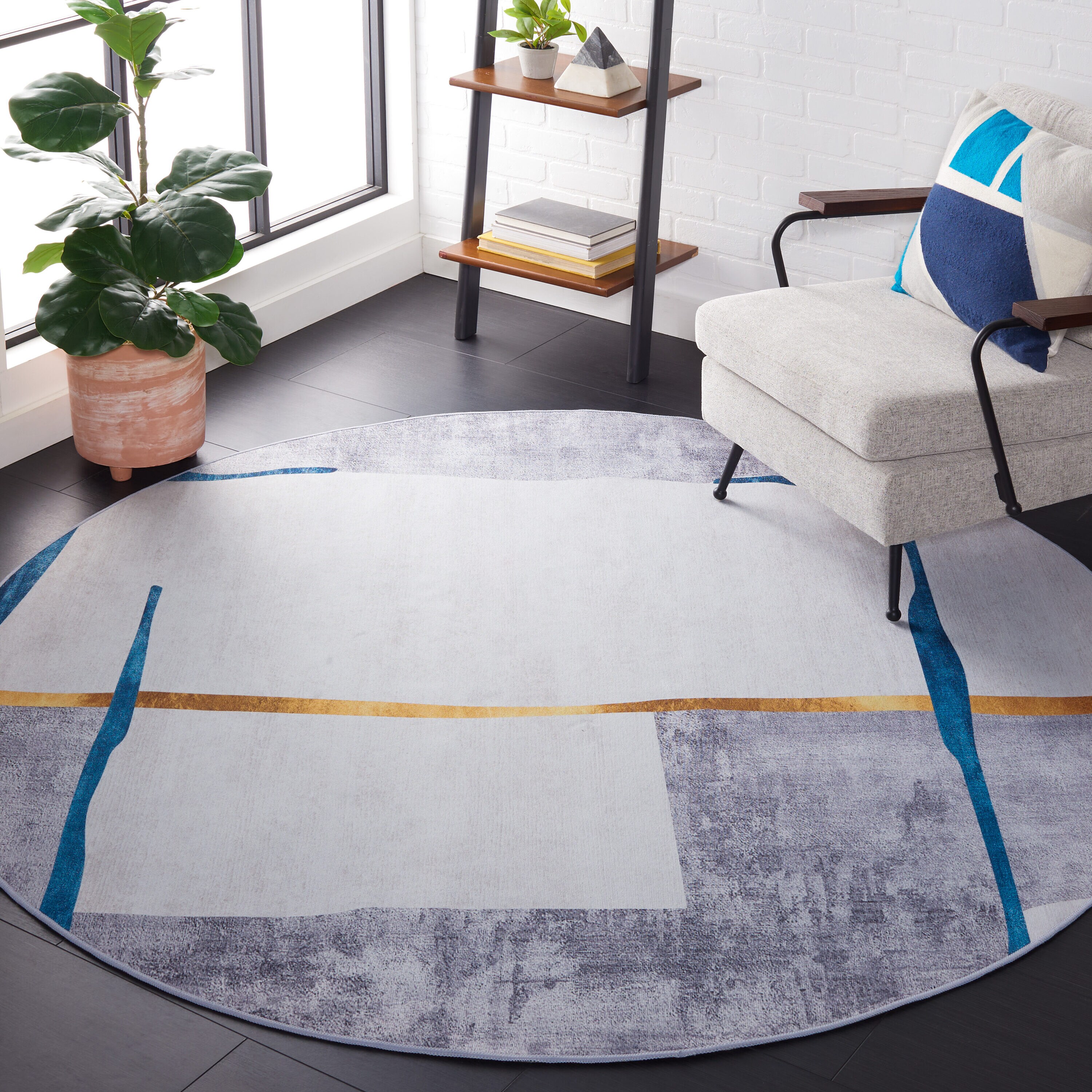 Safavieh TAC820F-6R Tacoma 6 x 6 (ft) Loomed Polyester Gray/Light Gray Round Indoor Distressed/Overdyed Machine washable Area rug