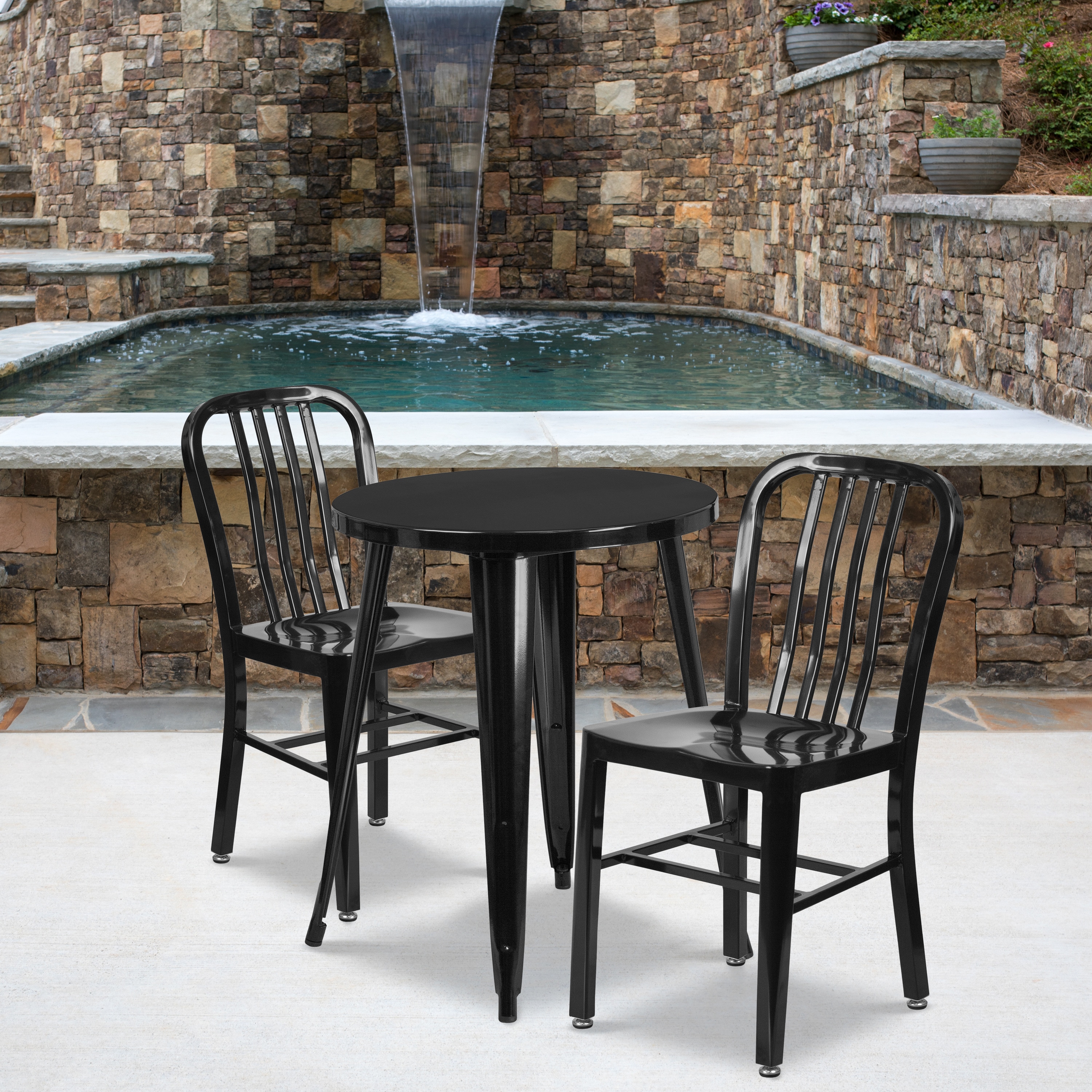 Emma + Oliver 889142727033 Commercial Grade 24-in Round Black Metal Table Set-2 Vertical Slat Back Chairs
