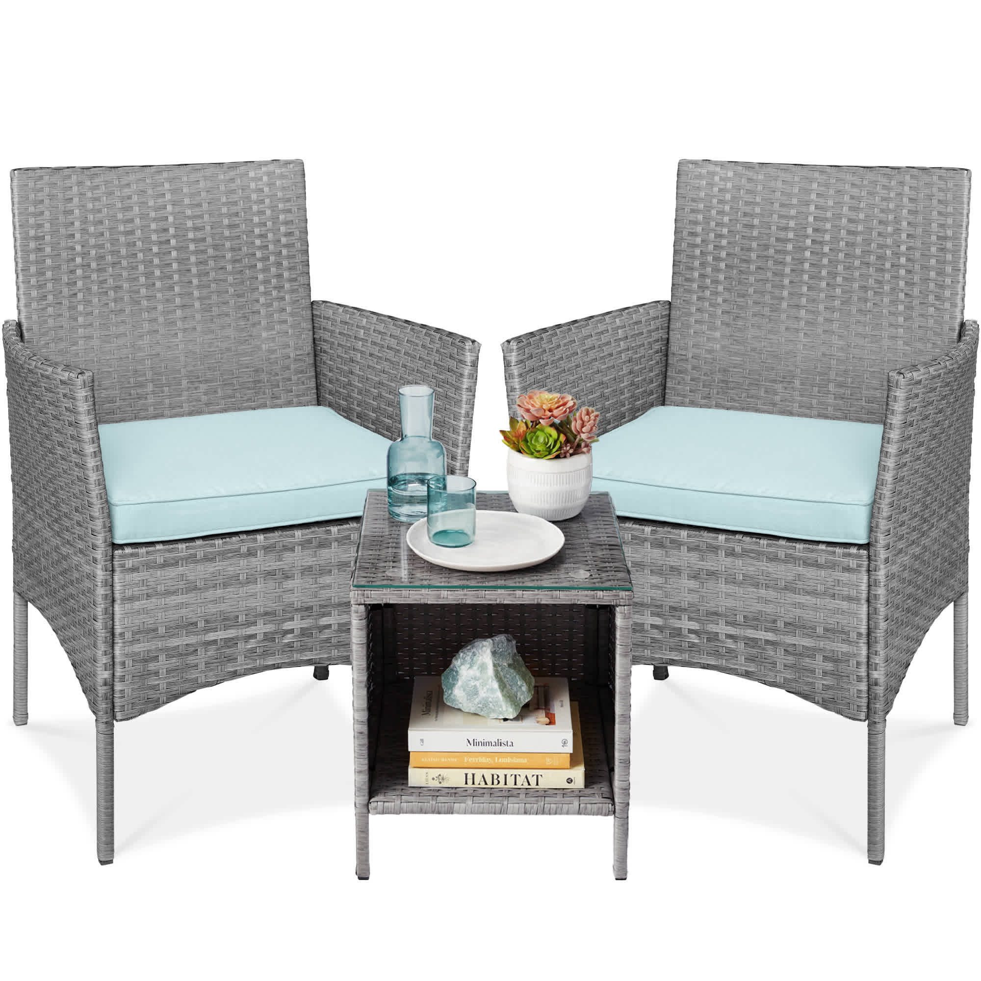 Best Choice Products SKY7599 3-Piece Outdoor Wicker Conversation Patio Bistro Set w/ 2 Chairs Table - Gray/Pastel Blue