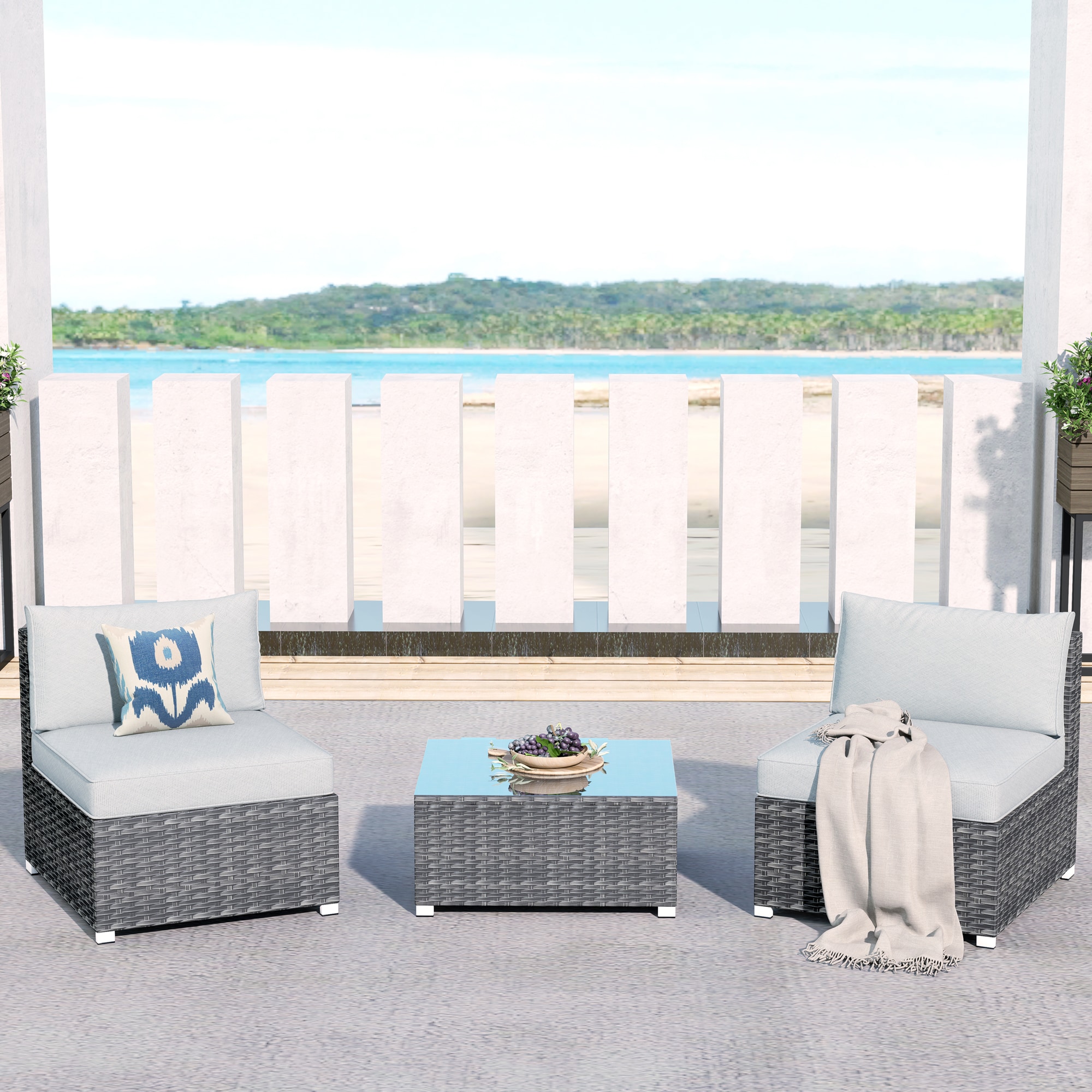 Pouuin SHOP4-BOX2 Set of 2 Wicker Gray Wicker Frame Stationary Conversation Chair with Gray Cushioned Seat