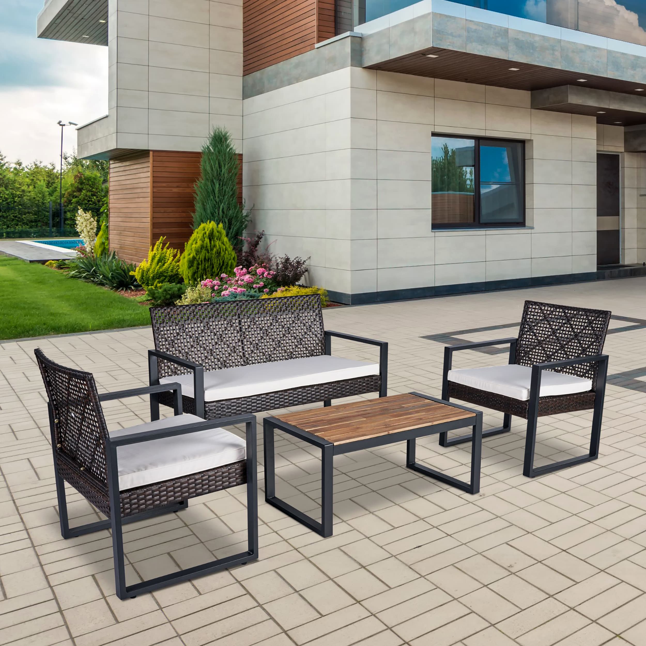 Giga 4 -Piece Wicker Patio Conversation Set with Beige GIGA Cushions