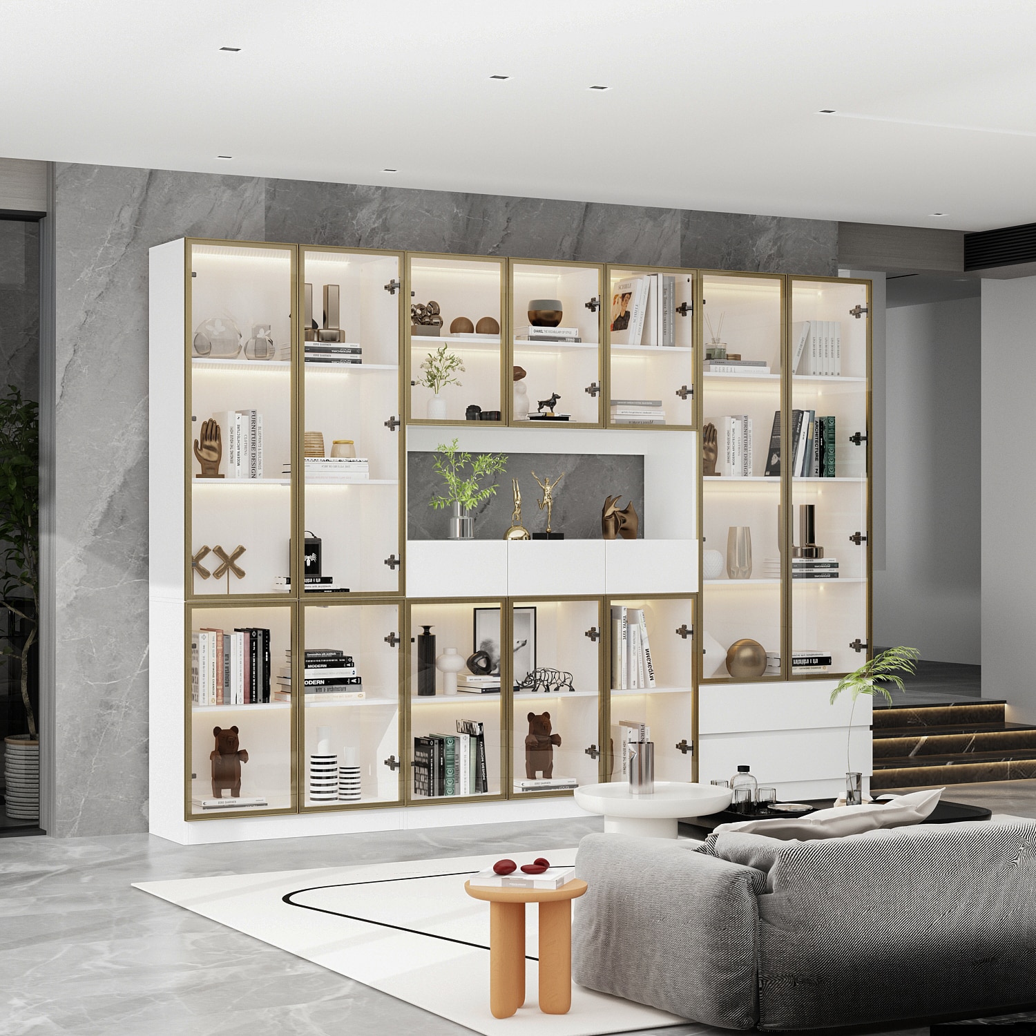 FUFU&GAGA KF020373+374+375WL White MDF 5 -Shelf Oversized set Bookcase with Doors ( 110.2-in W x 78.7-in H x 14.2-in D ) Finished
