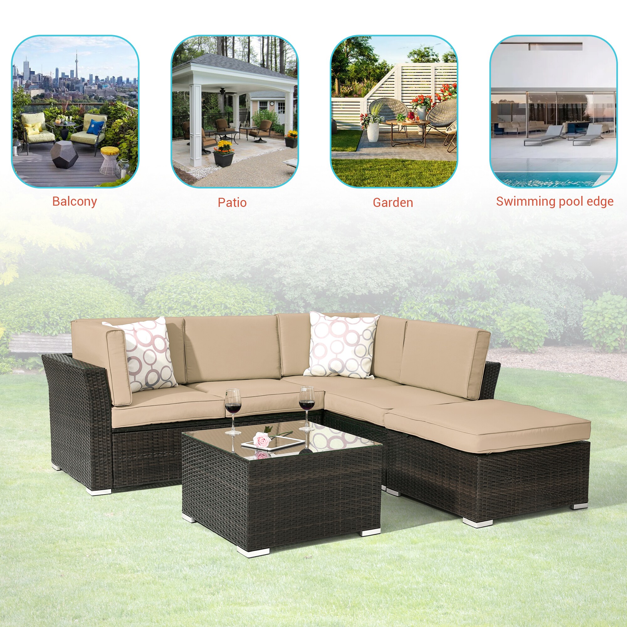 ACEGOSES 4-Piece Wicker Patio Sofa Conversation Set with Tan Cushions ...