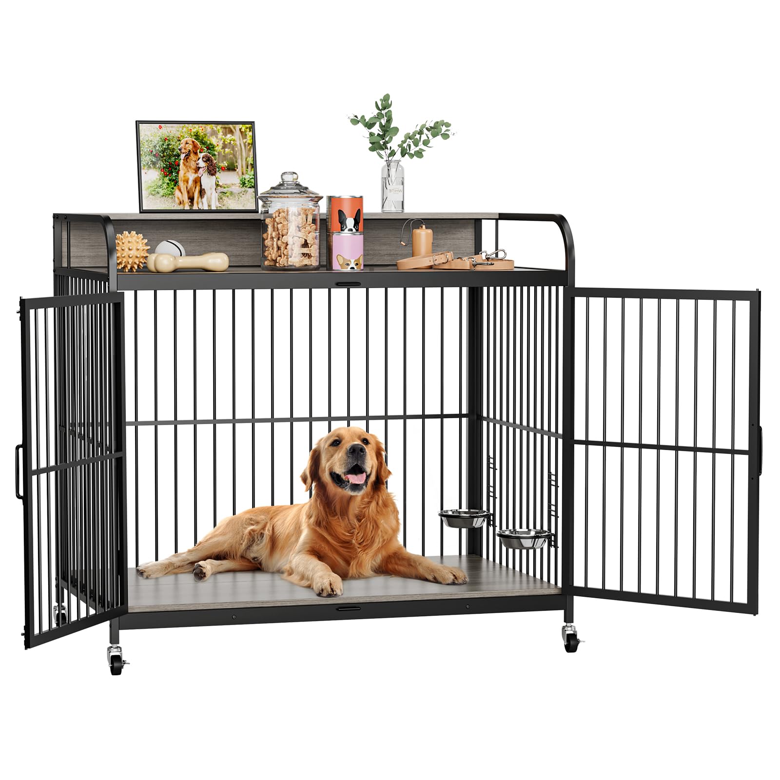 Garvee - 48-in Large Dog Crate Furniture  Metal Kennel with 360 Adjustable Feeder  Wheels  Sturdy...