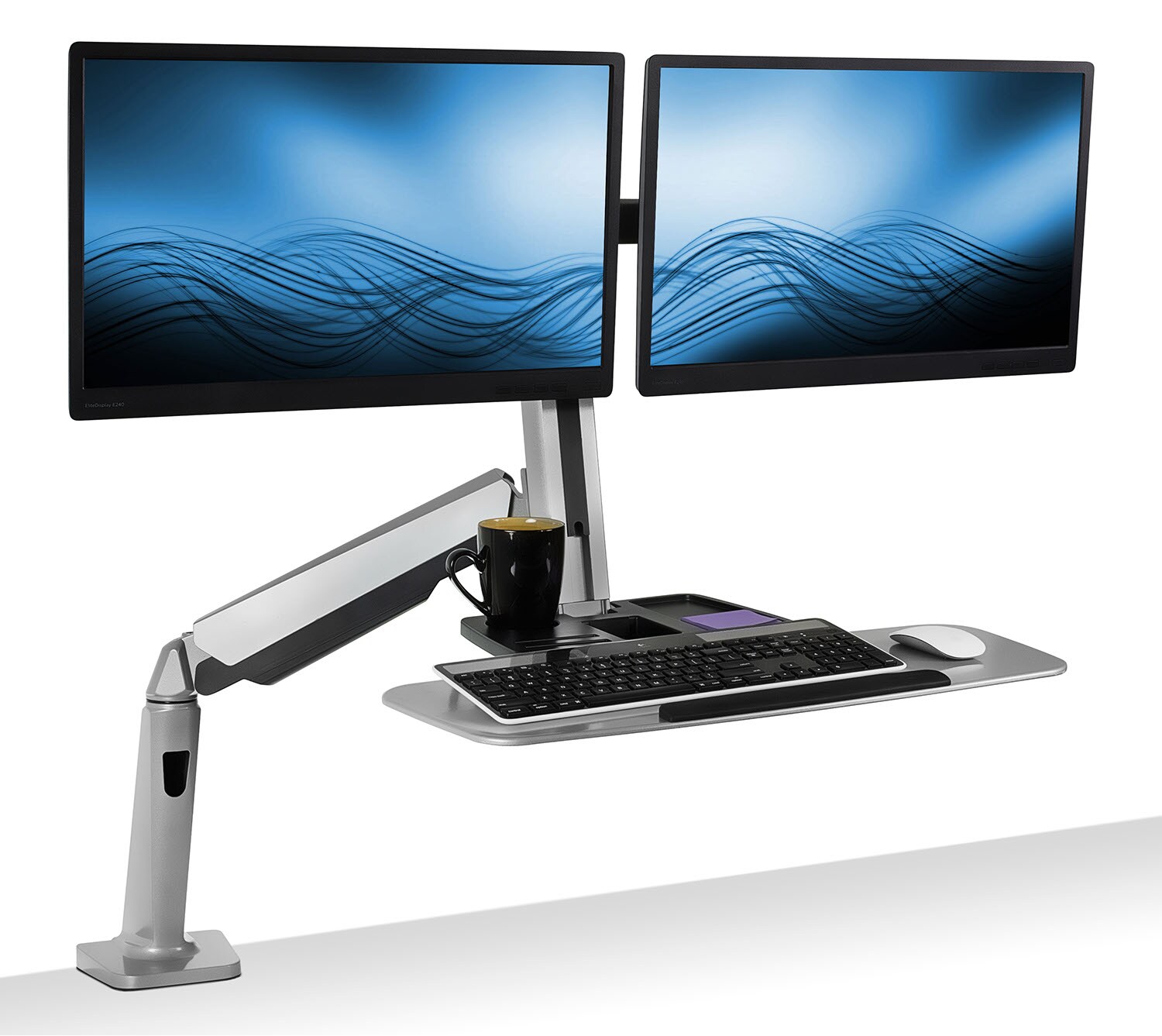 Adjustable Silver Standing Desk Converter with Dual Monitor Mount