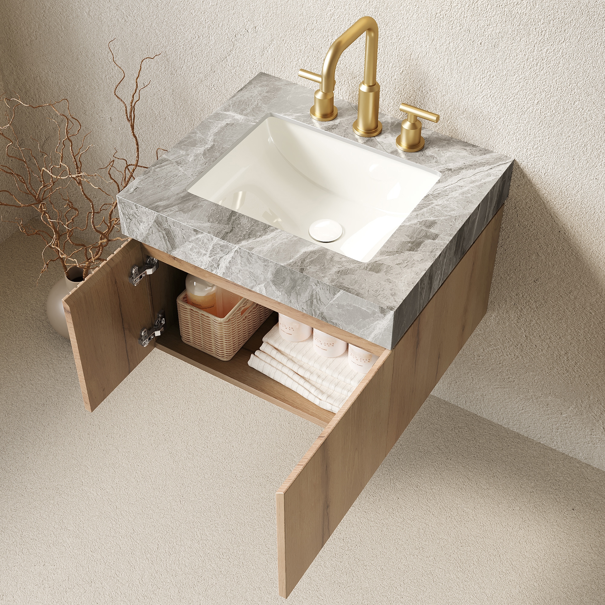 Qualler 24 Inch Floating Bathroom Vanity with 3-Hole Light Gray ...