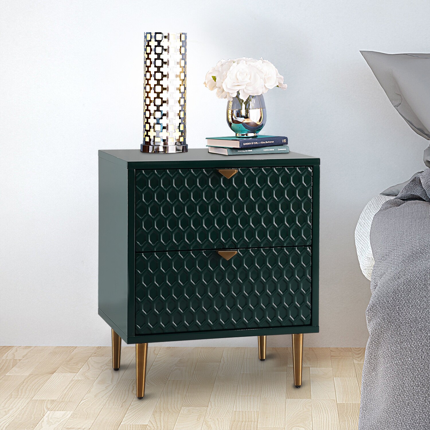 Narre Green End Table with Storage Living Room Side Table 2 Drawer & Open  Storage