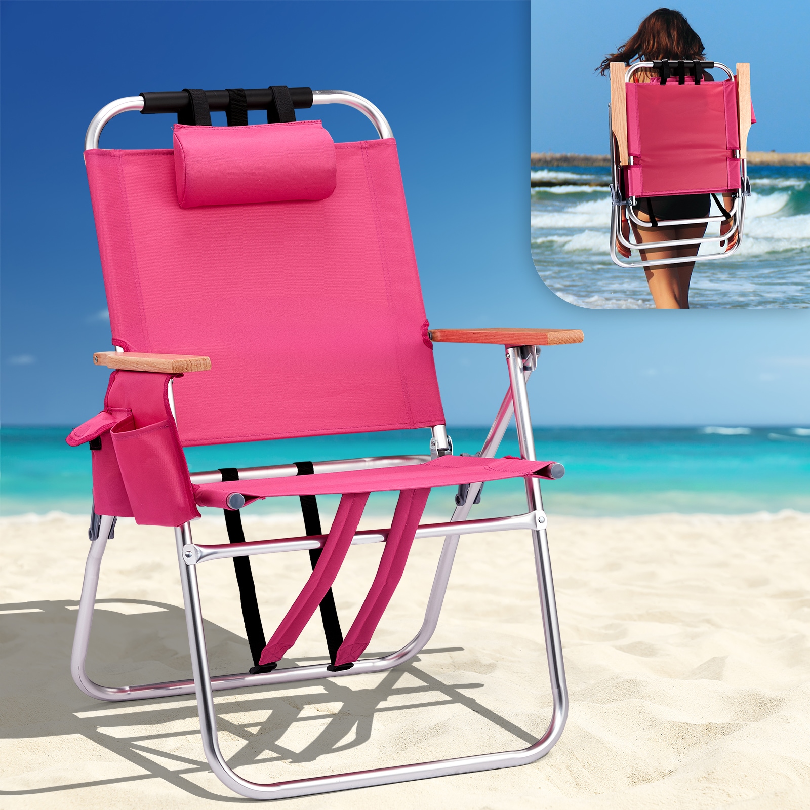 VINGLI 1 Pack 17-in Beach Chair with 3-Position Cooler Bag Cup