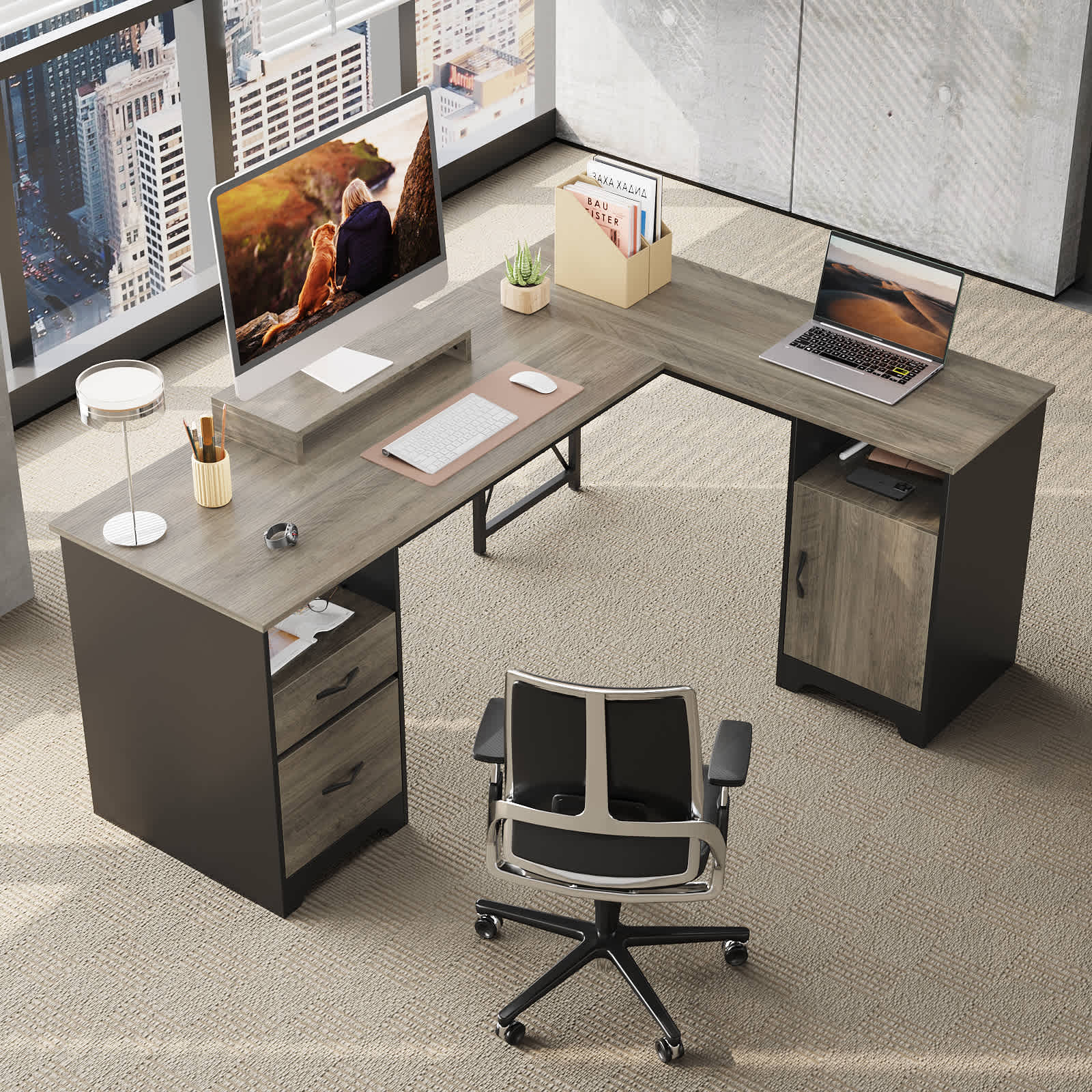 Bestier LOW-H104815R-GRW 62.99-in W 2-Drawer Gray Computer Desk with with Monitor Stand and Modesty Panel