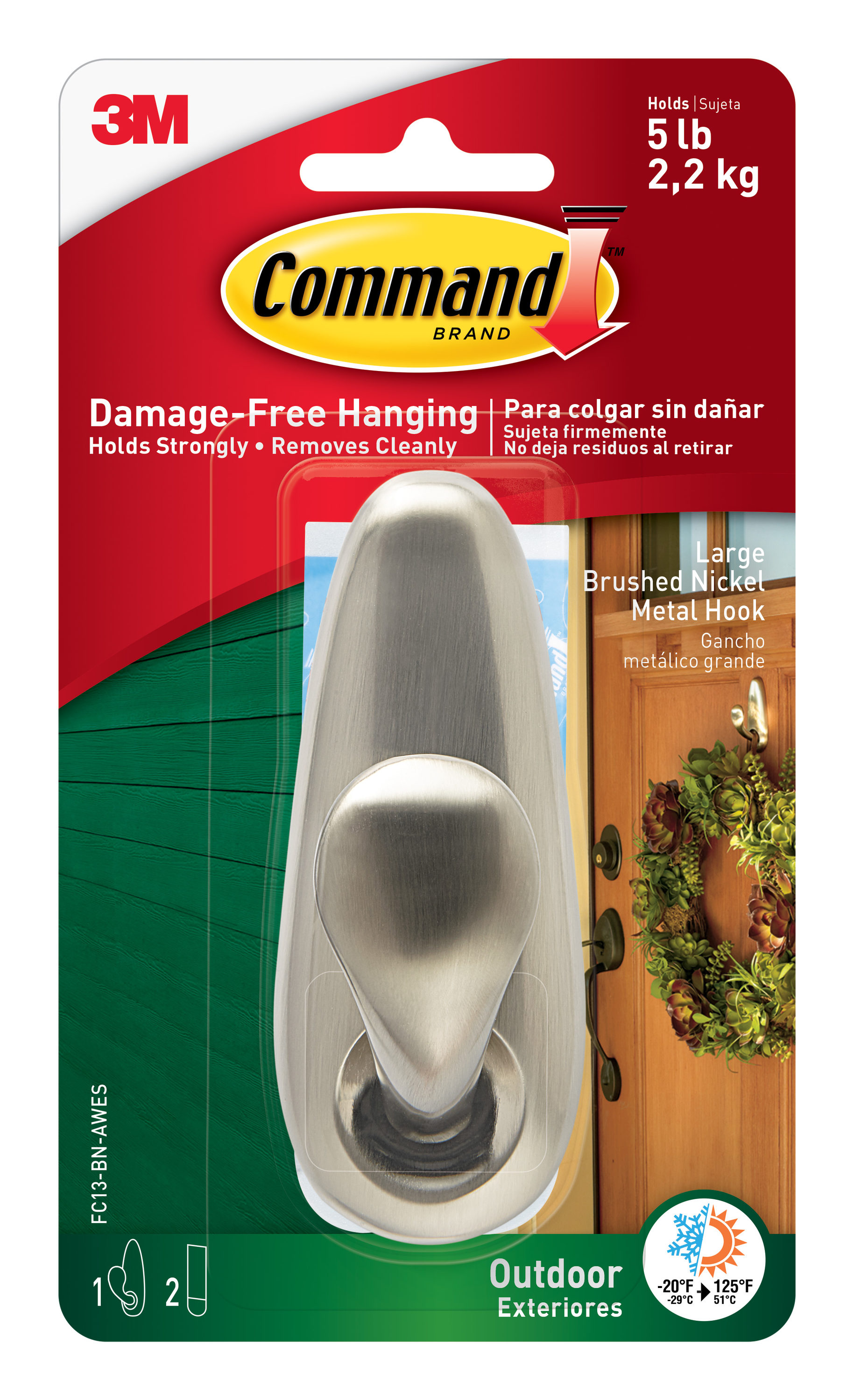 Command Large Outdoor Brushed Nickel Adhesive (5-lb Capacity)