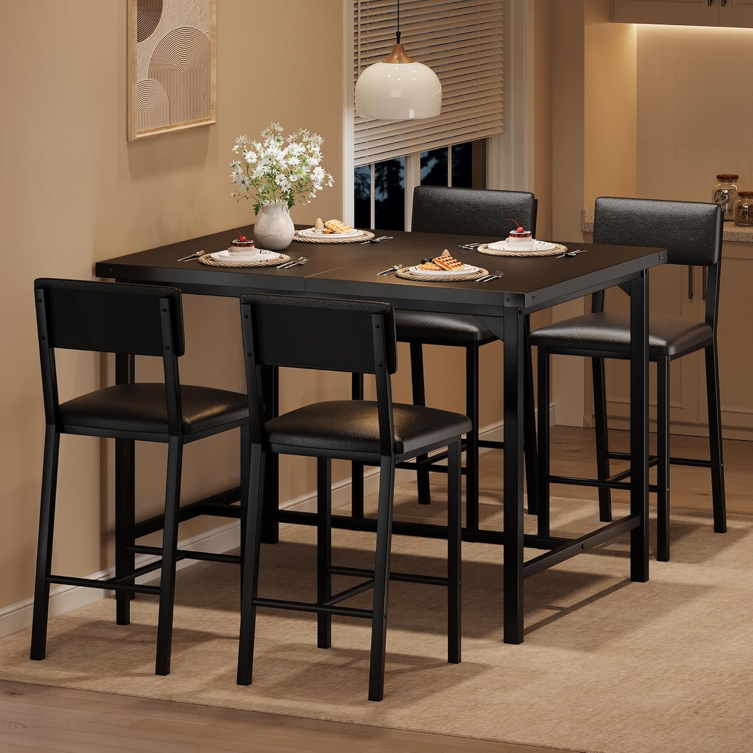 Garvee Dining Table Set for 4 w/Footrest and Corner Protector 5-Piece Kitchen Table Set with Counter Height Table and 4 Upholstered Bar Stools for Kitchen Room Apartment Pub Retro Black