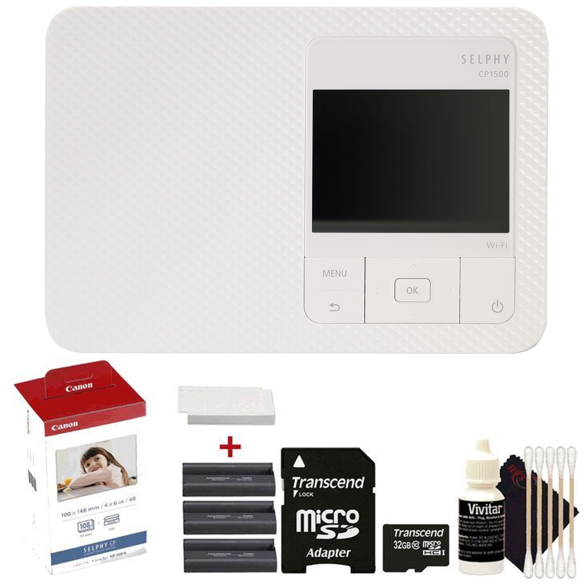 Canon SELPHY CP1500 Compact Photo Printer White KP-108IN Selphy Color Ink 4x6 Paper Set 3115B00132GB MicroSD CardCleaning Kit #5540C002-4K