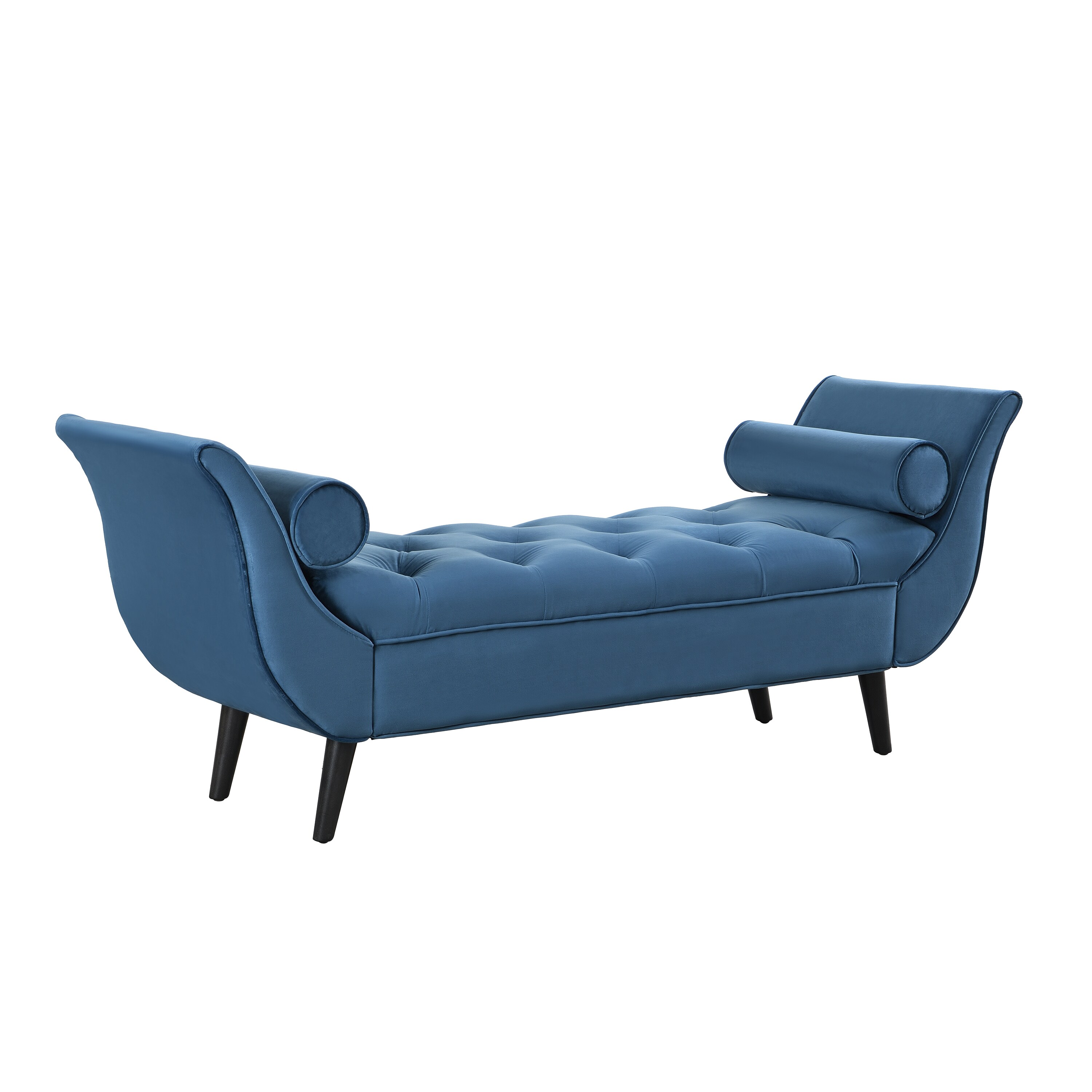 Qualler  Upholstered Velvet Bench Button Tufted Ottoman with 2 Pillows Rolled Arms and Solid Wood Legs - Blue