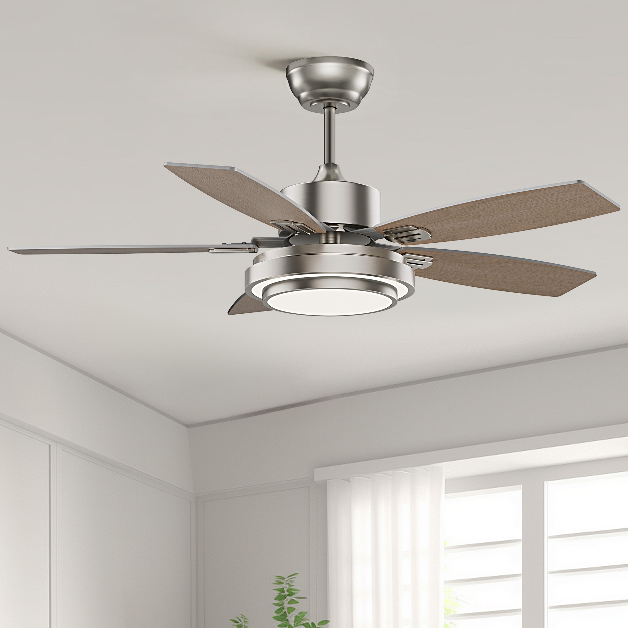 SILJOY LL-8838D-42-03 42-in Nickel Ceiling Fan with Nickel or Oak Color Blades Ceiling Fan With Light-Remote Included