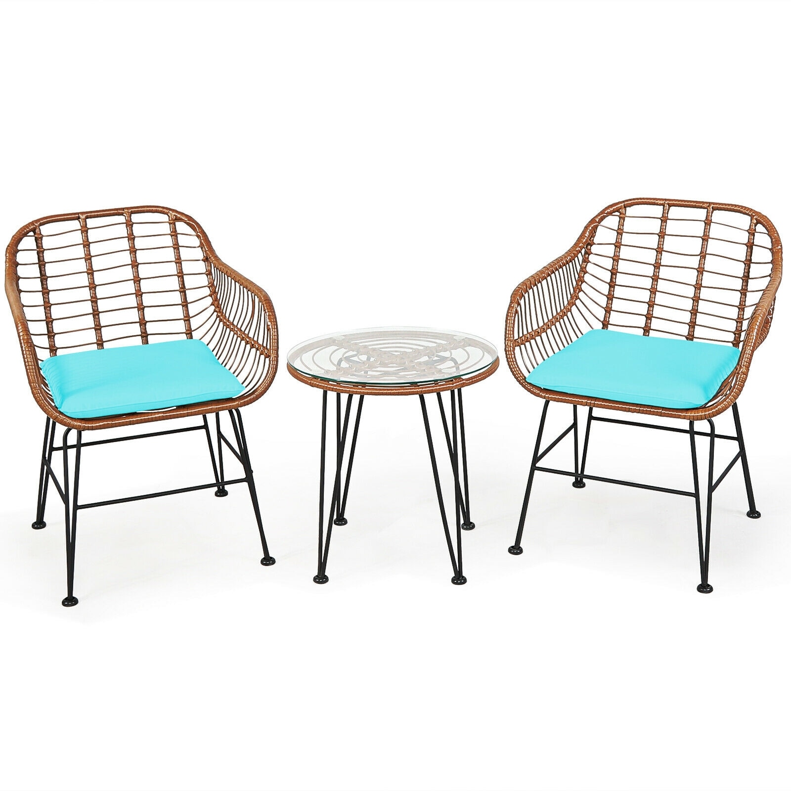 Ayelon - 3 -Piece Black Rattan Bistro Patio Dining Set Steel Round Table with 2 Blue Cushions Sta...