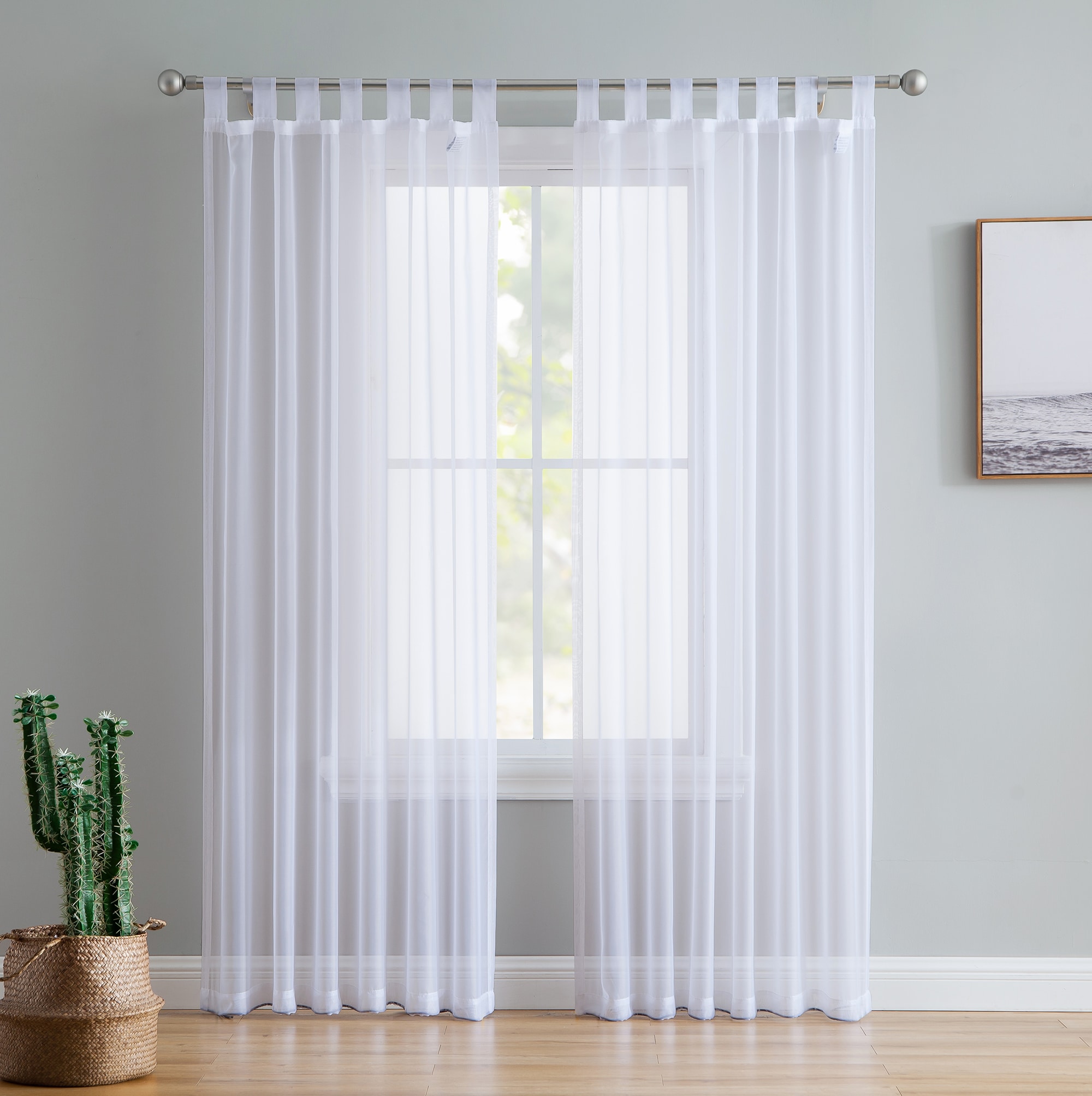 HLC.me SH-TBTP-84WHT 84-Inches White Sheer Top tab Curtain panel pair