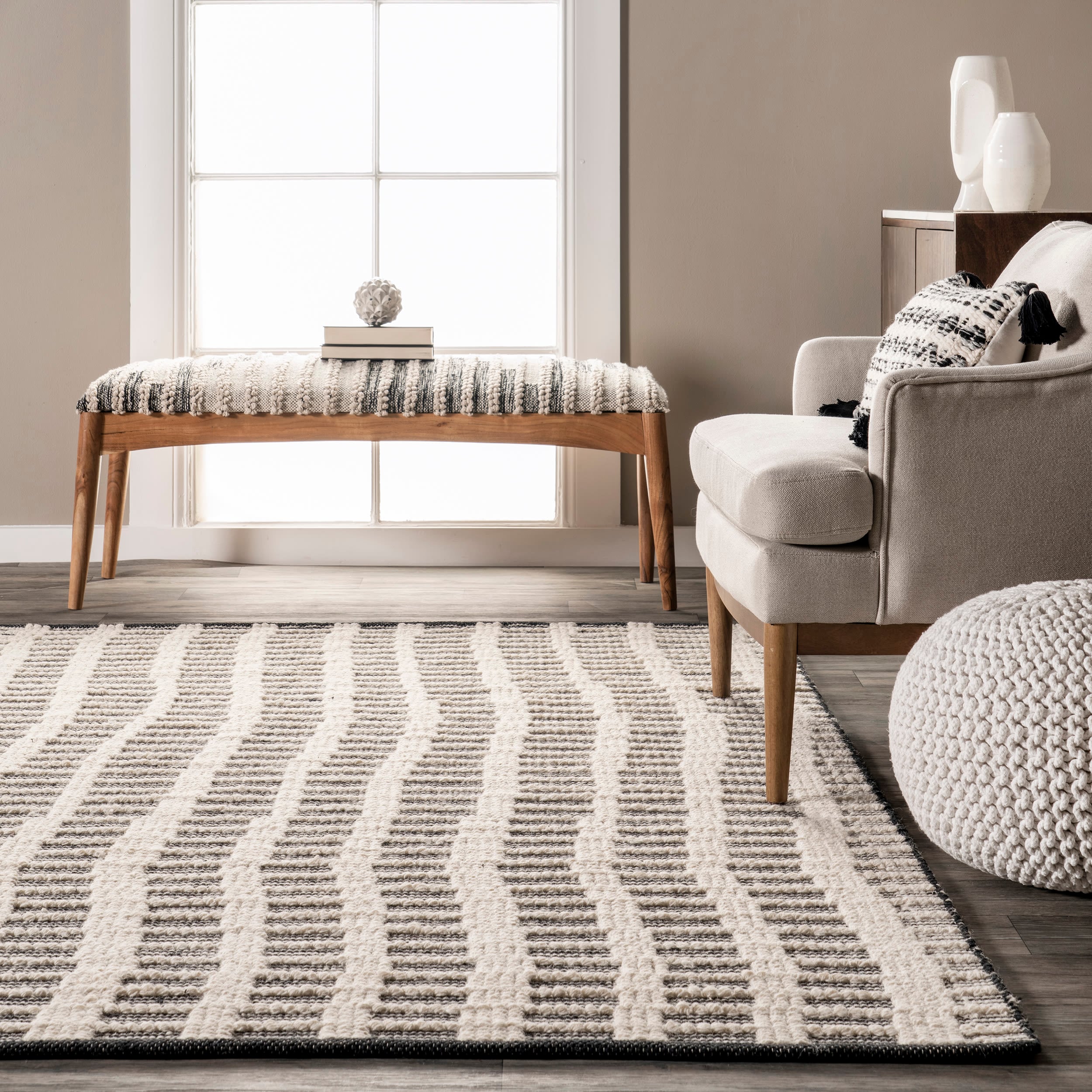 Parker Check Handmade Ivory Wool 5' x 8' Area Rug