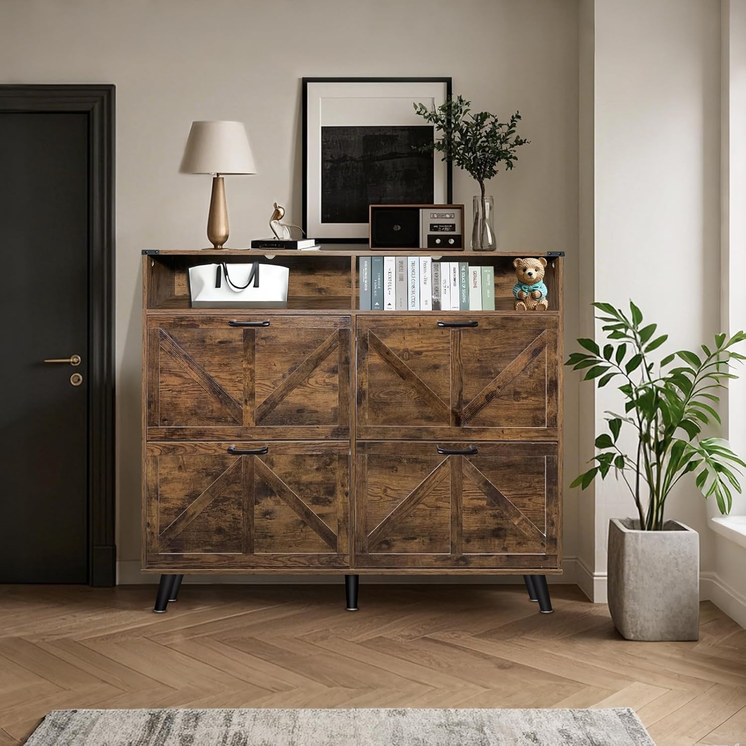 IdealHouse Dark Brown Farmhouse Narrow Shoe Storage Cabinet With 4 Flip Drawers Open Storage Freestanding Organizer For Entryway Hallway Living Room