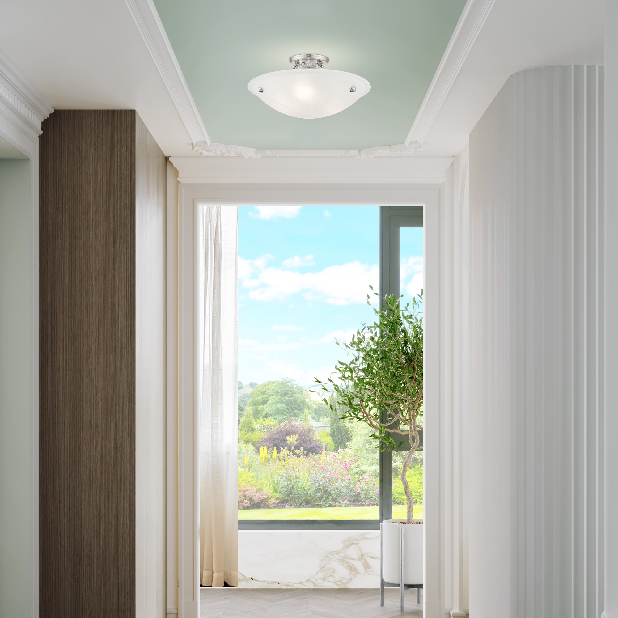 Oasis 16" Brushed Nickel 3-Light Semi Flush Mount with Alabaster Glass