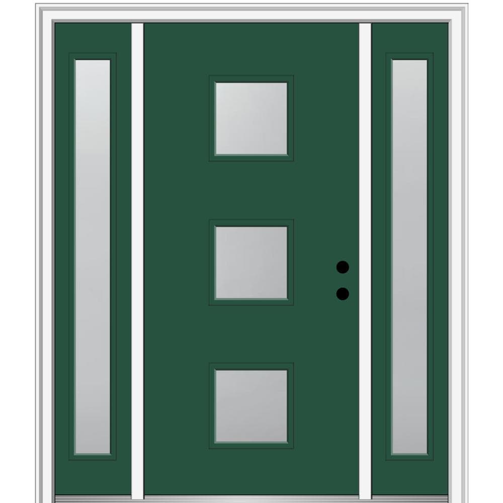 MMI DOOR ZZ347503L Spotlights 64-in x 80-in x 4-9/16-in Fiberglass Pulse lite Left-hand inswing Hunter Green Painted Prehung Front Door with Sidelights with Brickmould Insulating core