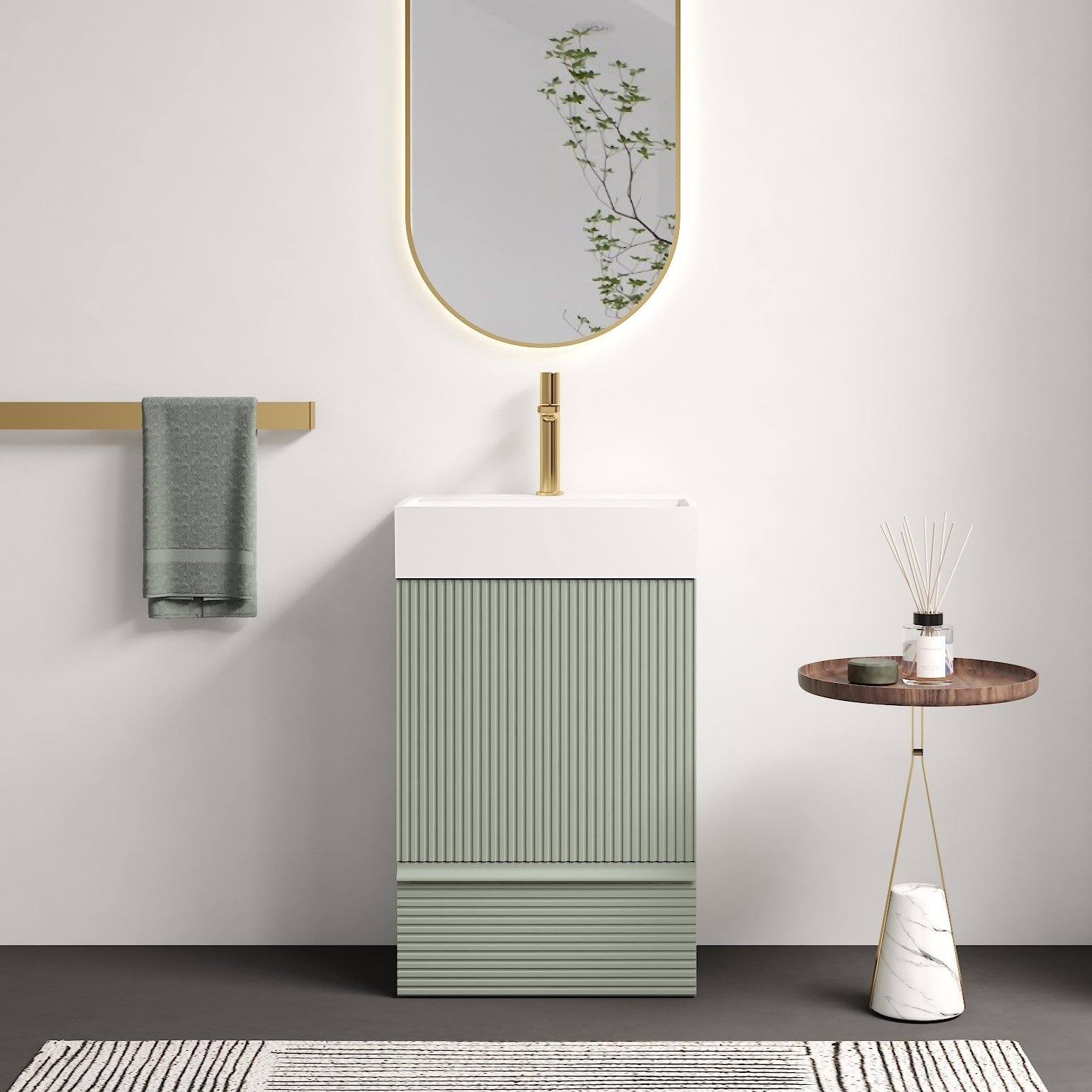 Huluwat - 20 Inches Striped Light Green Bathroom Vanity with White Ceramic Sink Freestanding Bath...
