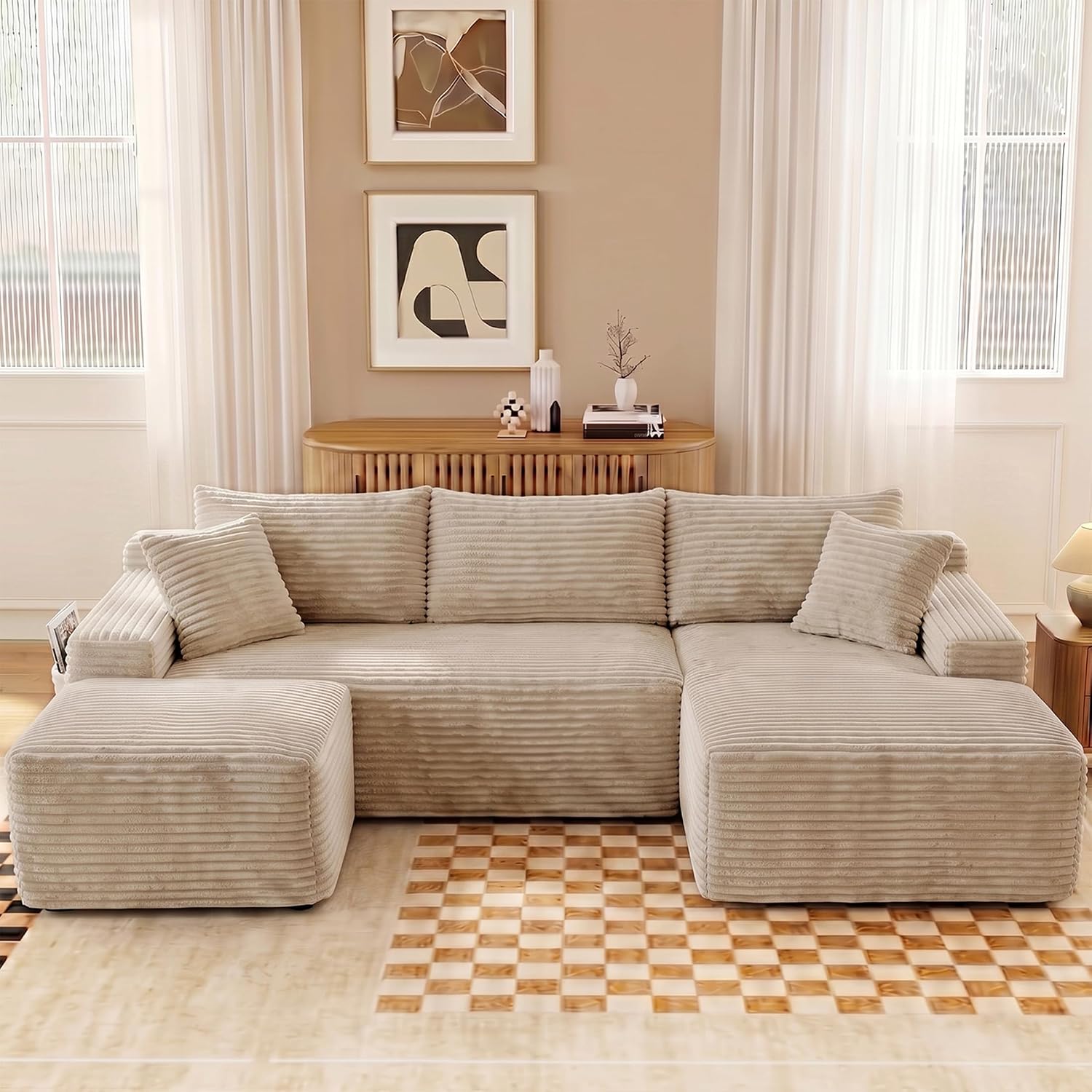AUKFA 94 Inch U Shaped Modular Sectional Sofa with Deep Seat - Plush Corduroy Cloud Couch Sleeper with Removable Ottoman for Living Room and Apartment No assembly required - Camel