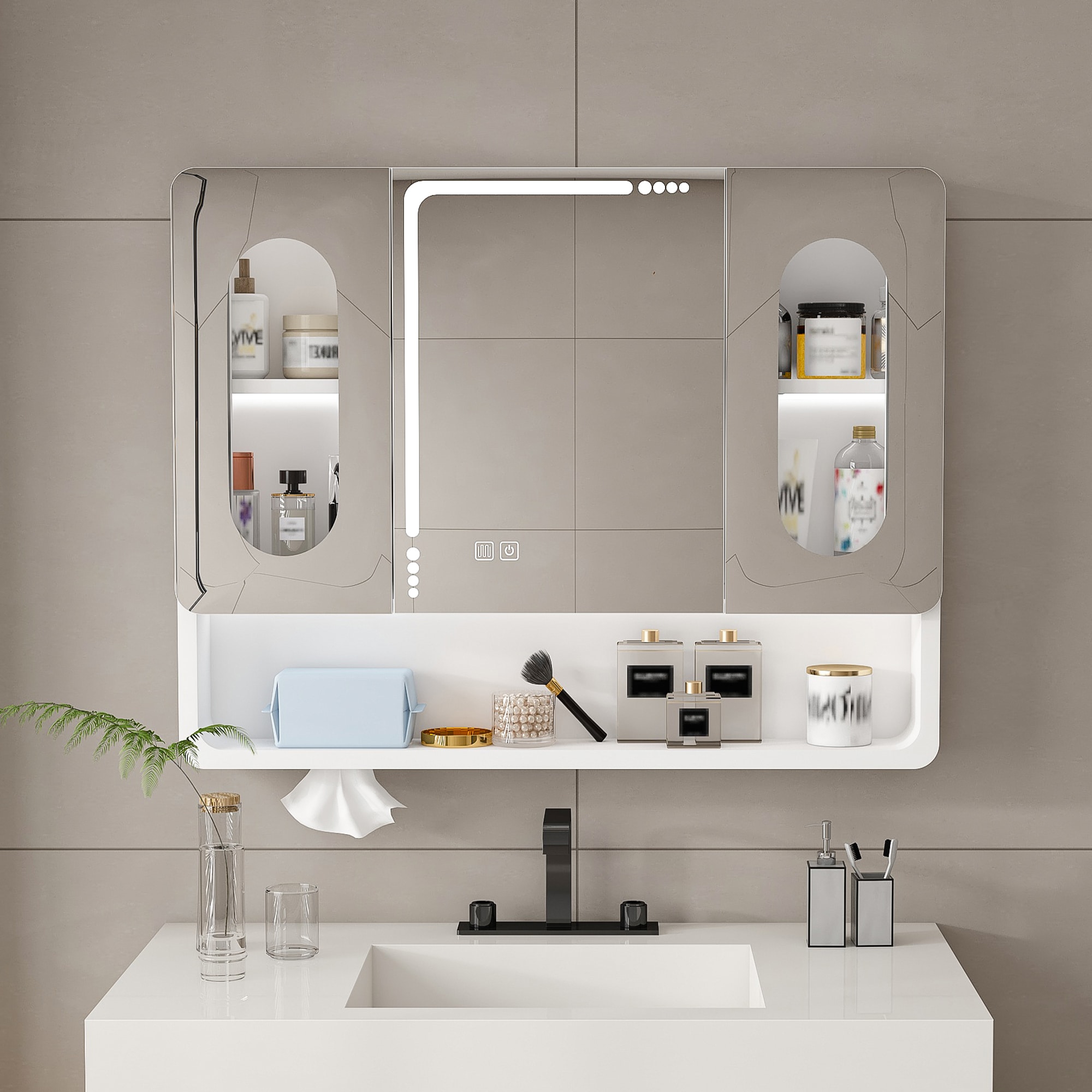 WELLFOR GIZMAY05PE 31.5-in x 27.56-in Lighted LED Fog Free Surface Mount White Mirrored Rectangle Soft Close Medicine Cabinet