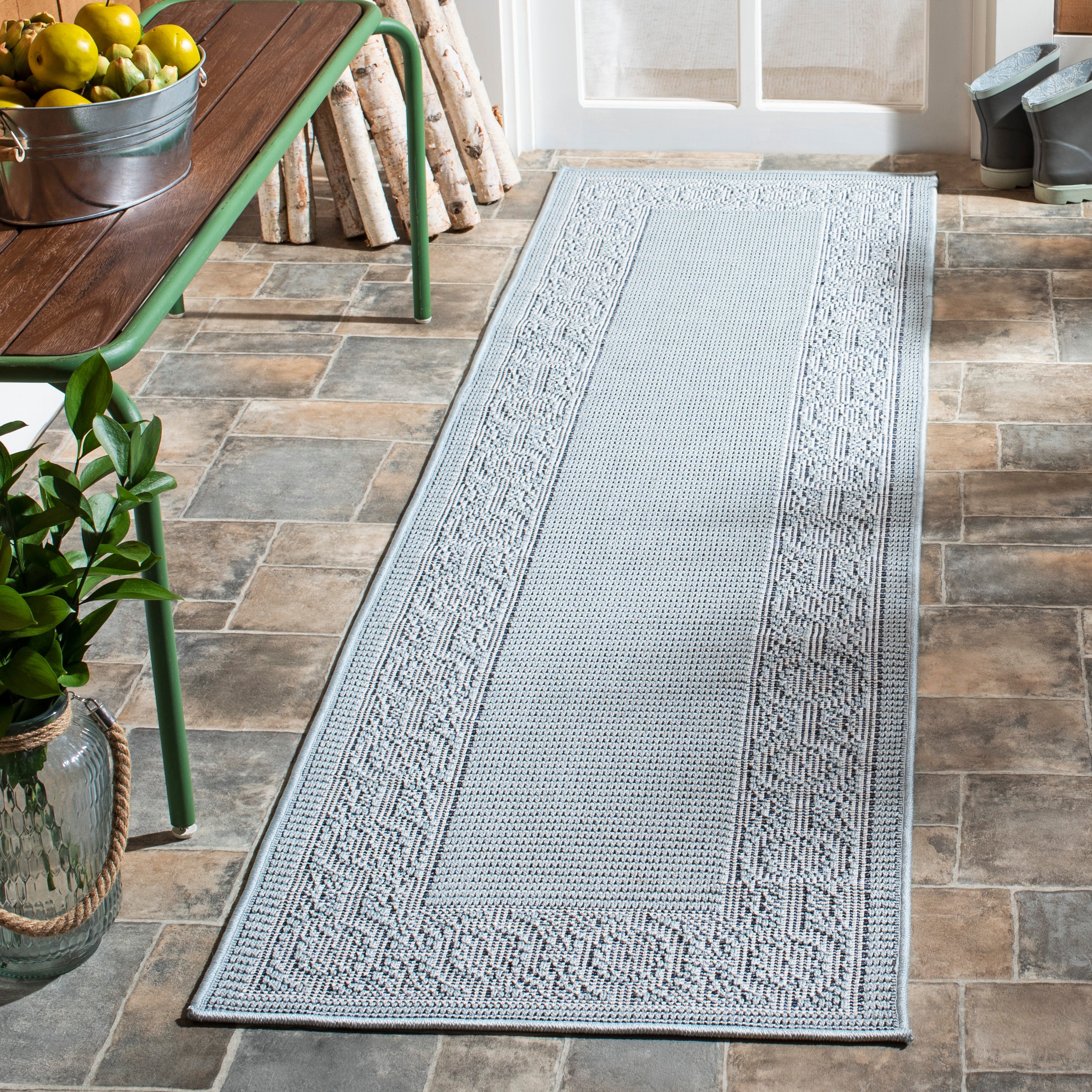 Aqua and Cream Floral Bordered Indoor/Outdoor Runner Rug