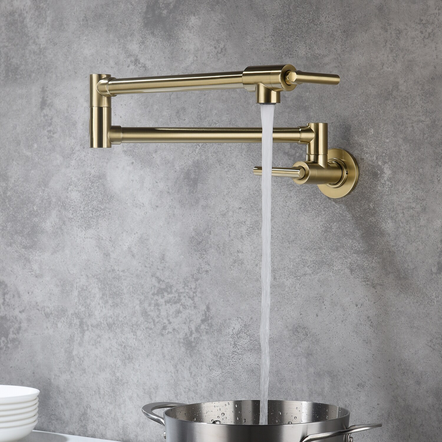 Flynama DJ-TH8046BG Gold Double Handle Wall-mount Pot Filler Kitchen Faucet