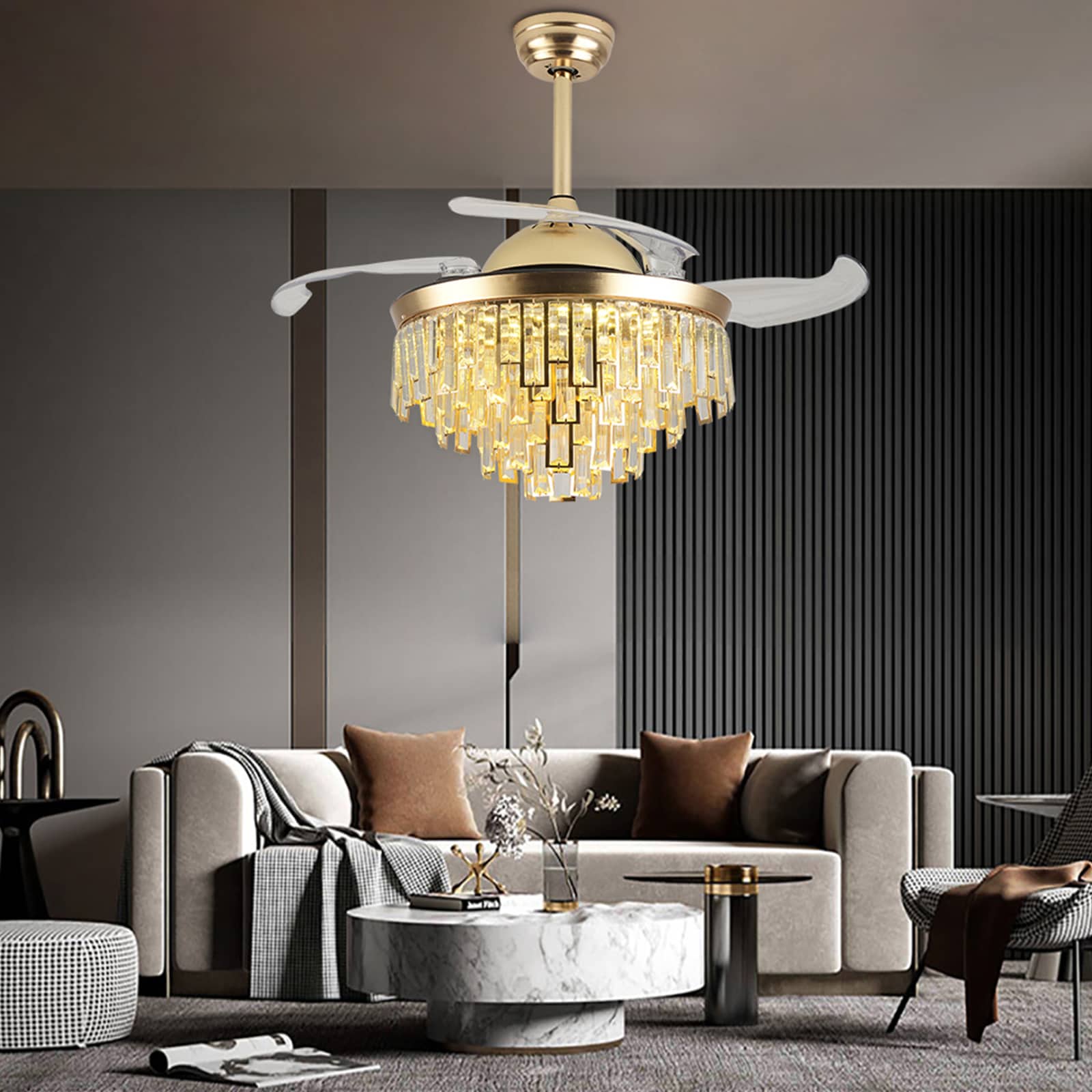42" Gold Crystal Retractable Bladeless LED Chandelier Fan