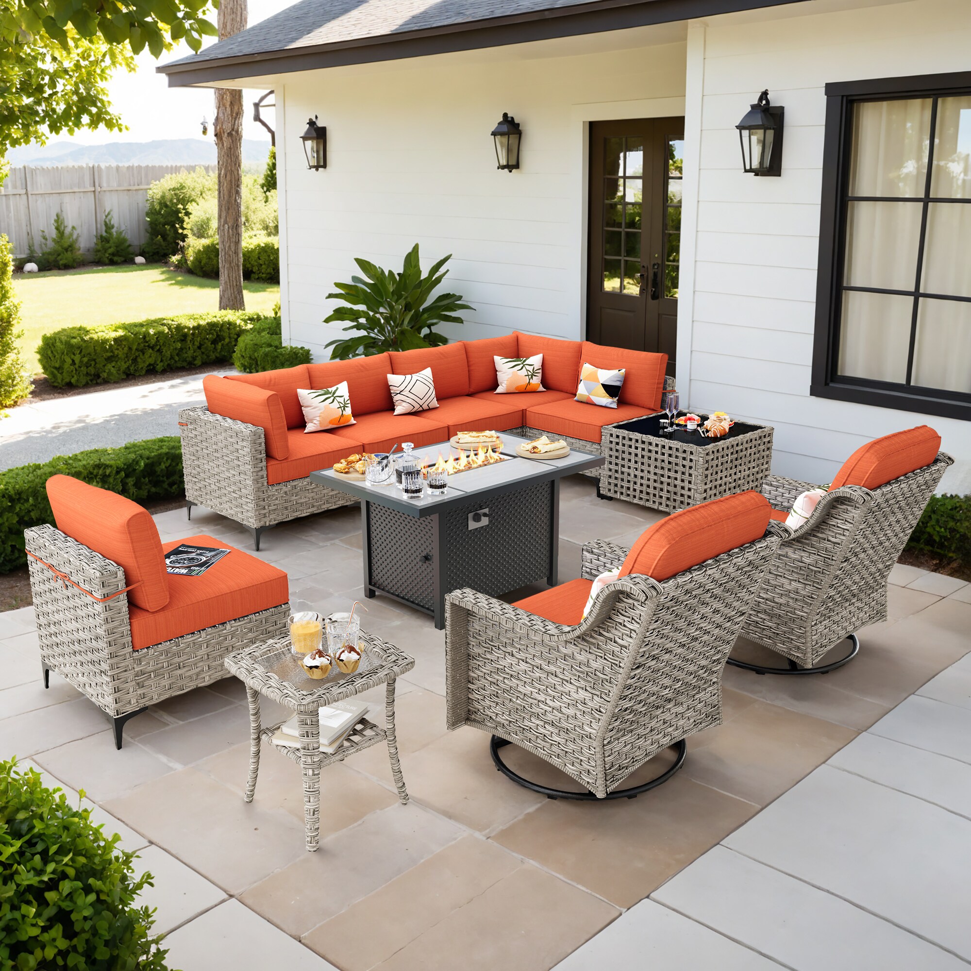 Pouuin DFPSKT800 Wicker Outdoor Sectional with Orange Cushions and Wicker Frame