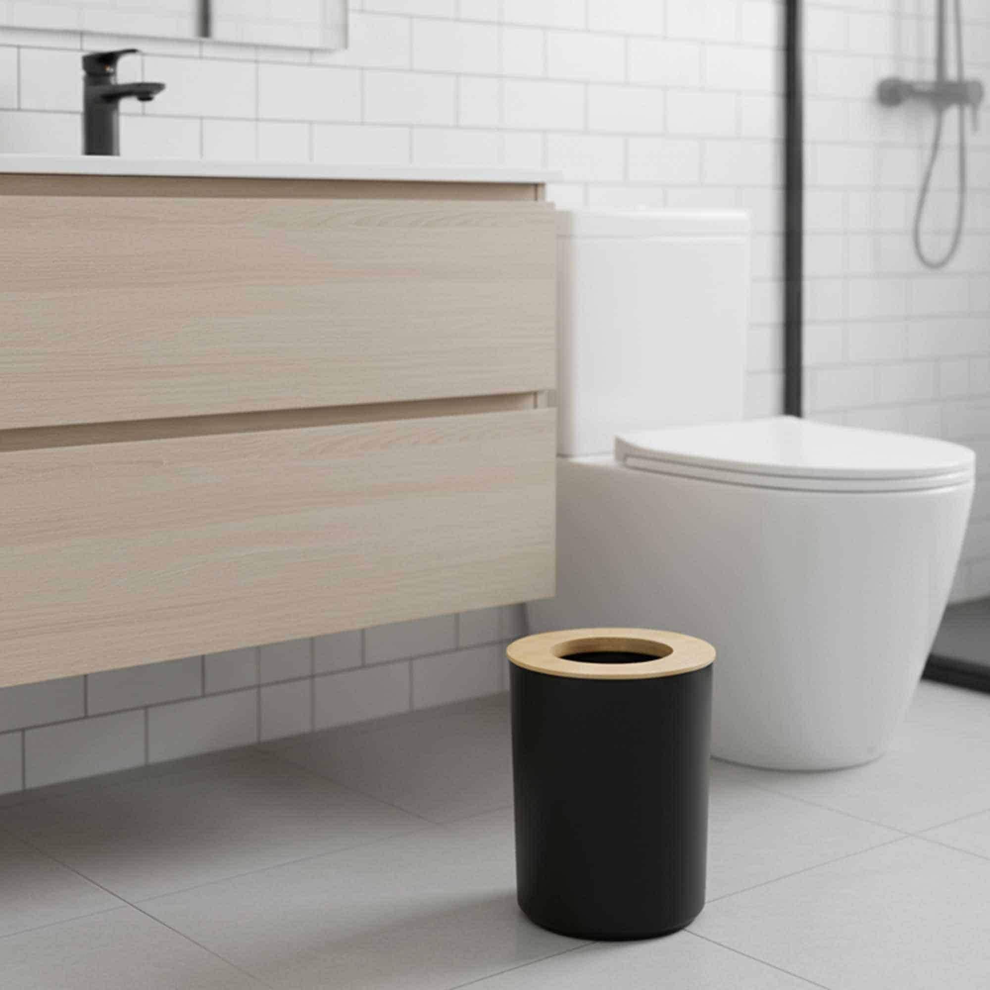 EVIDECO FRENCH HOME GOODS - Black Bathroom Trash Can Padang Bamboo Top 1.3 Gal - Stylish and Sust...