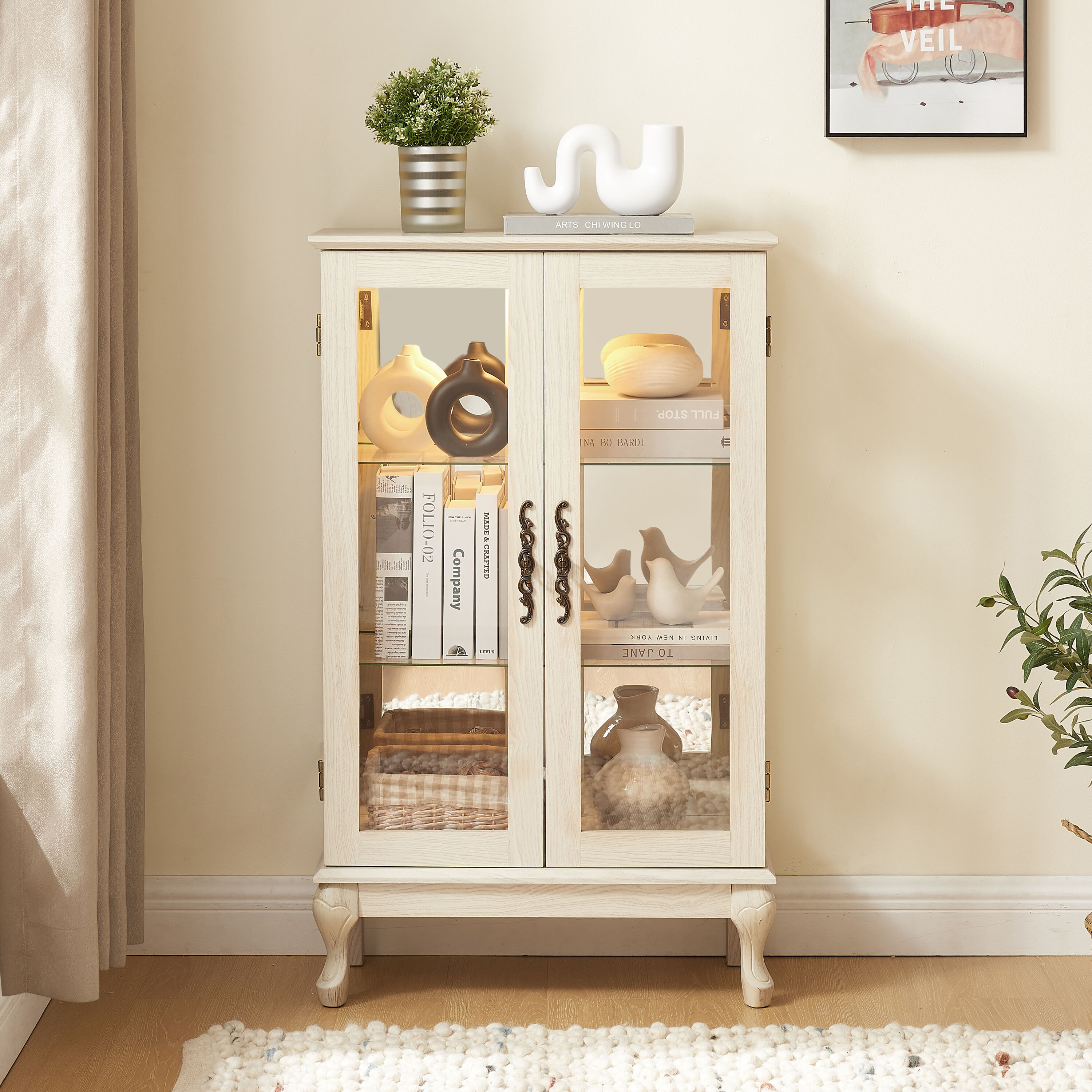 LOVMOR SF-WO-W2275P178894 Cabinet with Tempered Glass Doors Cabinets with Mirrored Back Panel and Adjustable Shelves for Home Office Light White