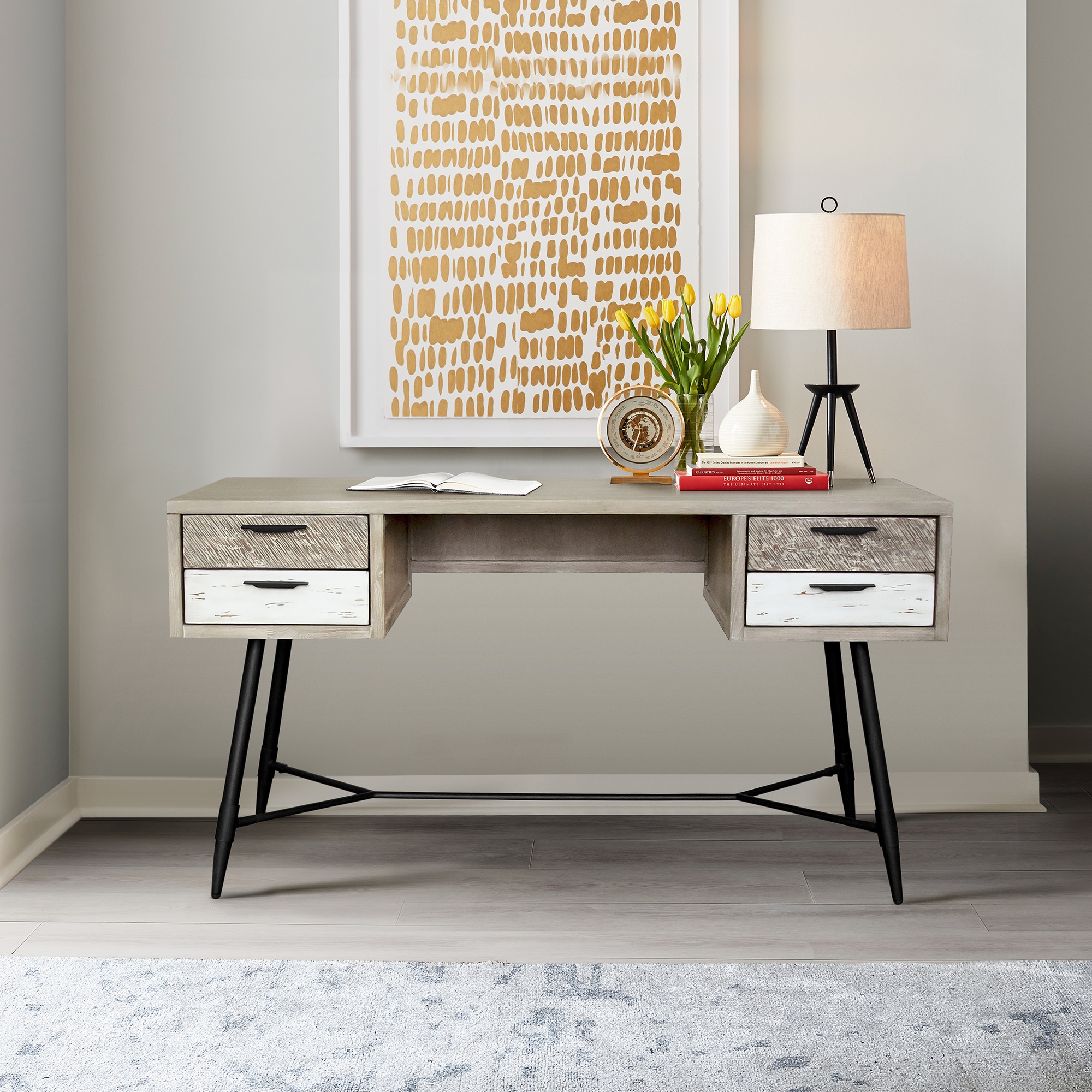 Transitional Two-Tone Acacia Wood Desk with Sleek Black Base